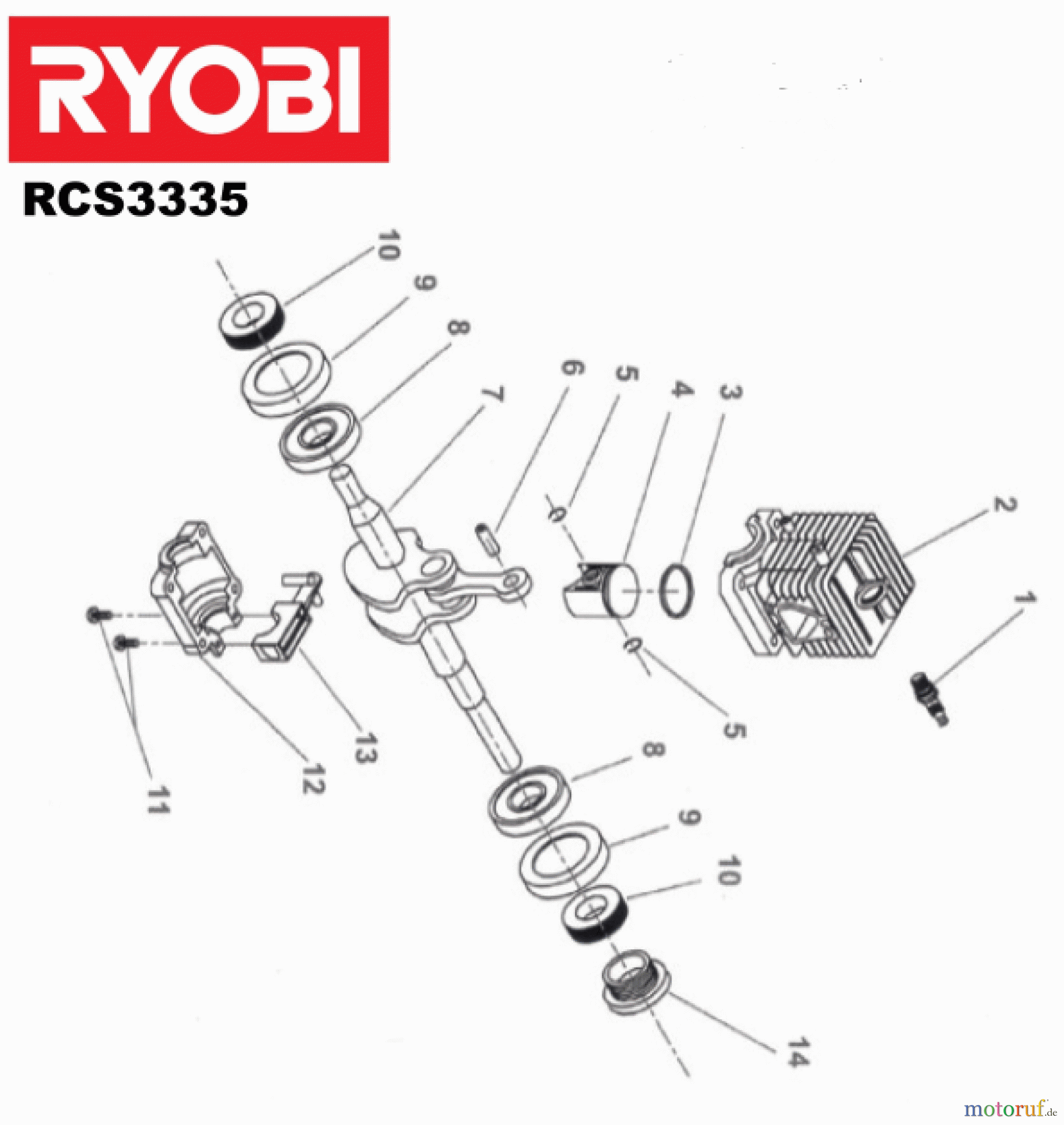  Ryobi Kettensägen Benzin RCS3335C Kurbelwelle, Zylinder