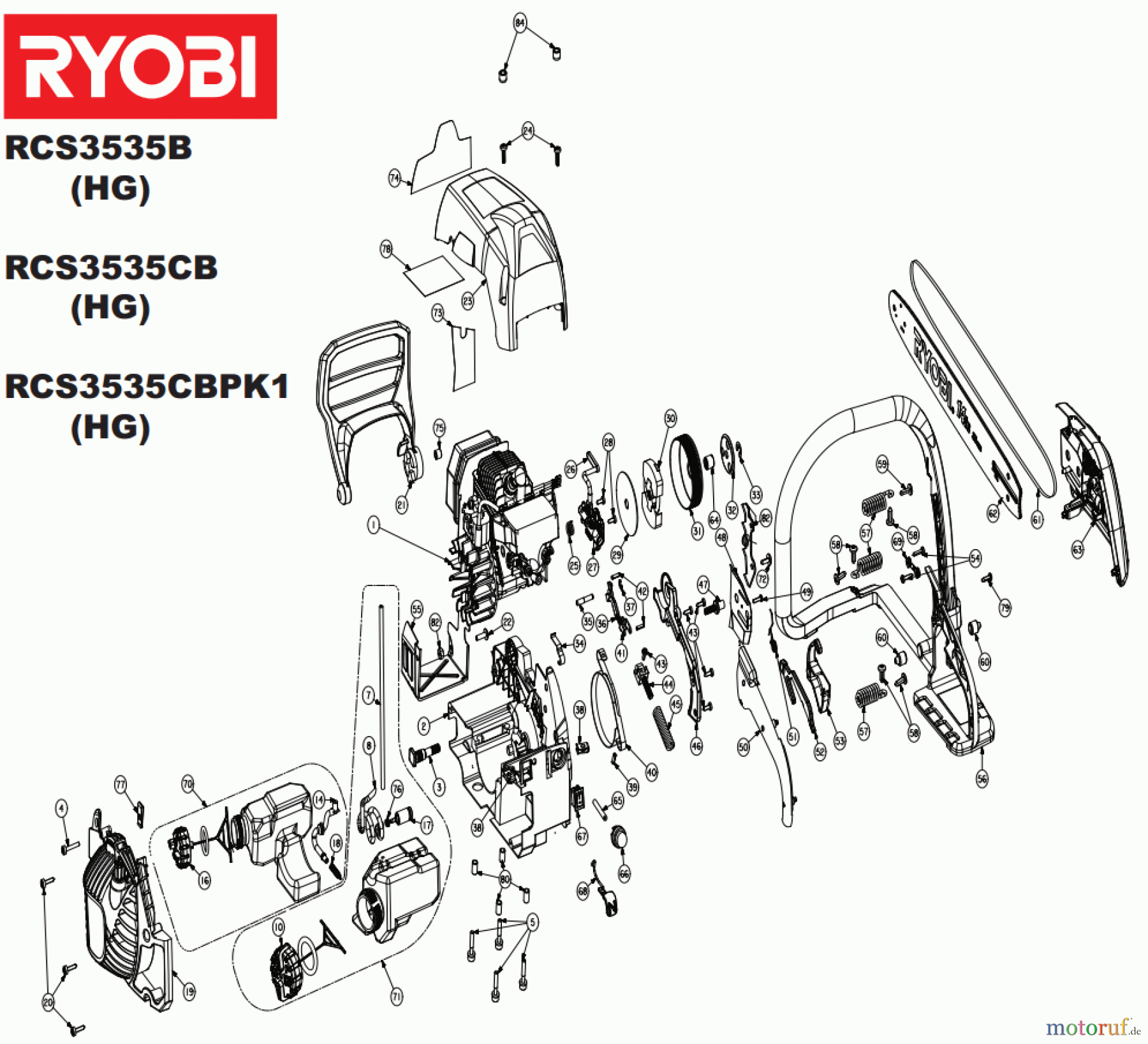  Ryobi Kettensägen Benzin RCS3535B, 5133001678 Seite 1