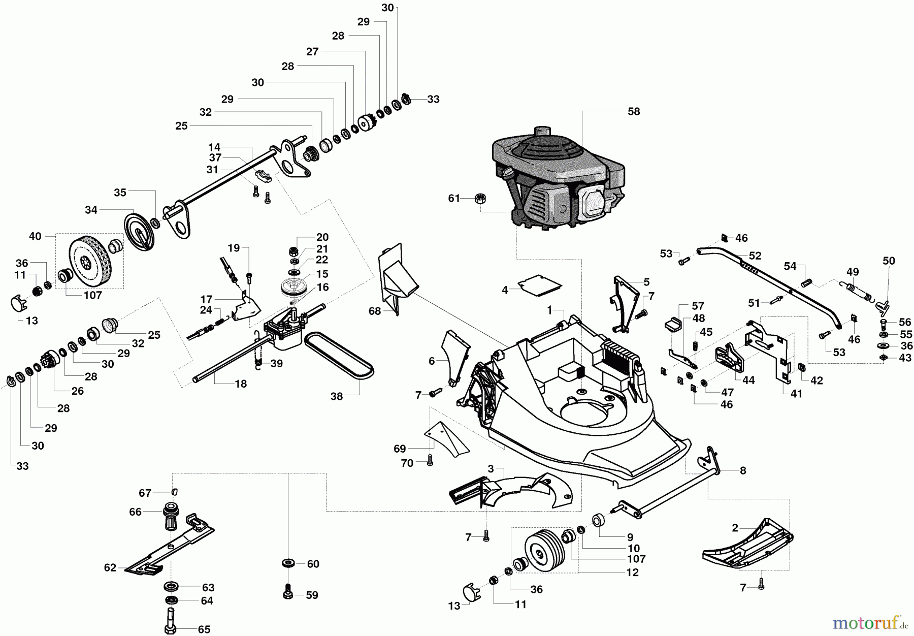  Dolmar Rasenmäher Benzin PM-4640 HSM PM-4640 HSM (2001) 6  Gehäuse, Räder, Fahrwerksverstellung, Antrieb, Messer