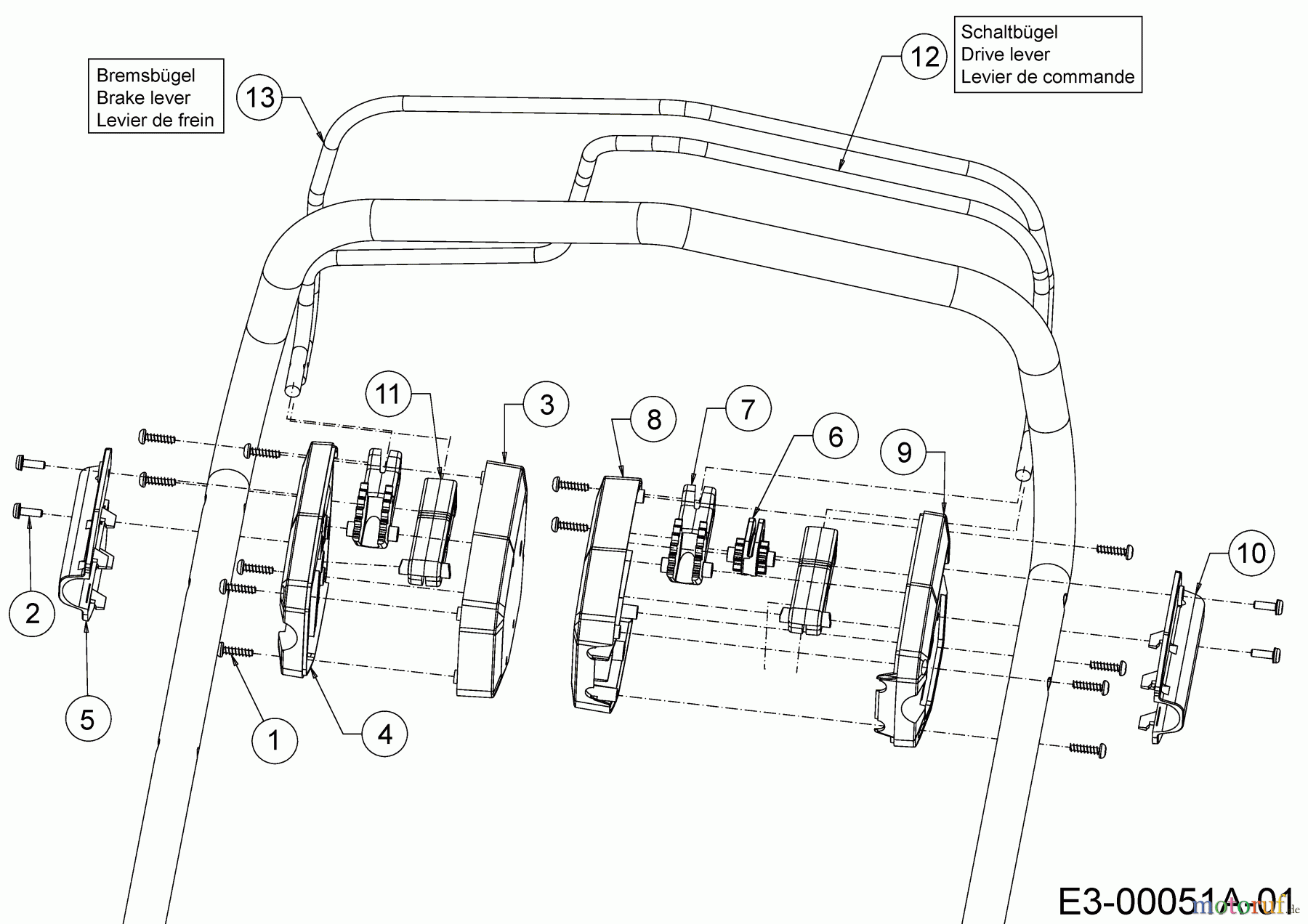  Wolf-Garten Tondeuse thermique tractée Expert 53 B S 12A-ZA7F650  (2018) Levier de frein, Levier de commande