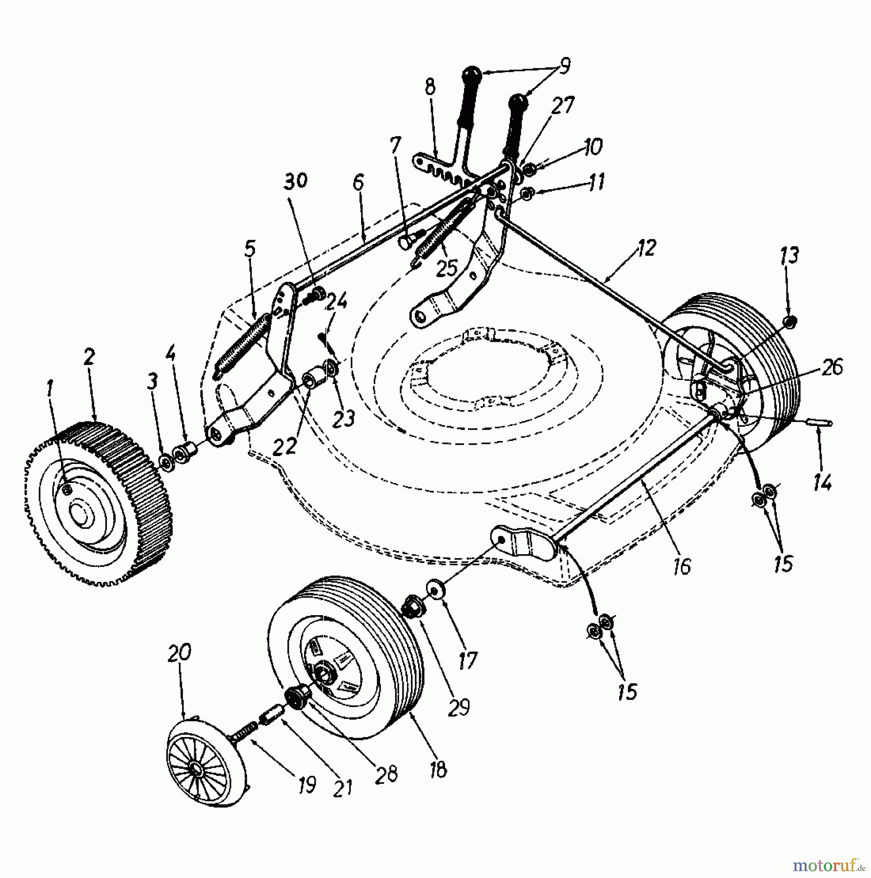  MTD Petrol mower self propelled REX-COMBI 56 SSL 125-3680  (1985) Wheels, Cutting hight adjustment