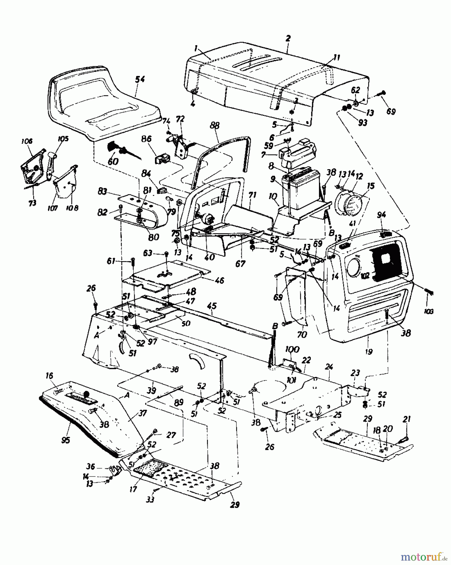  Super Tracteurs de pelouse Super 114 136-7040  (1986) Tableau de bord, Capot de moteur, Jupe