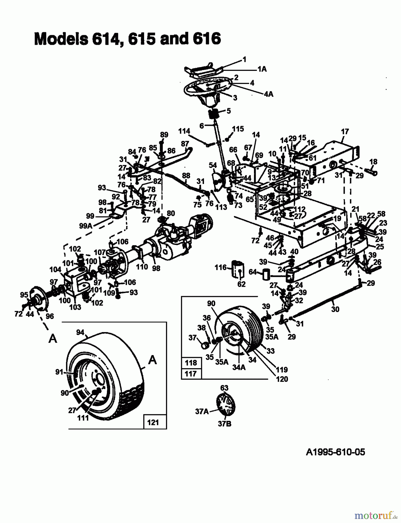  MTD Tracteurs de pelouse 16/107 135T615G678  (1995) Système direction, Roues, Essieu avant