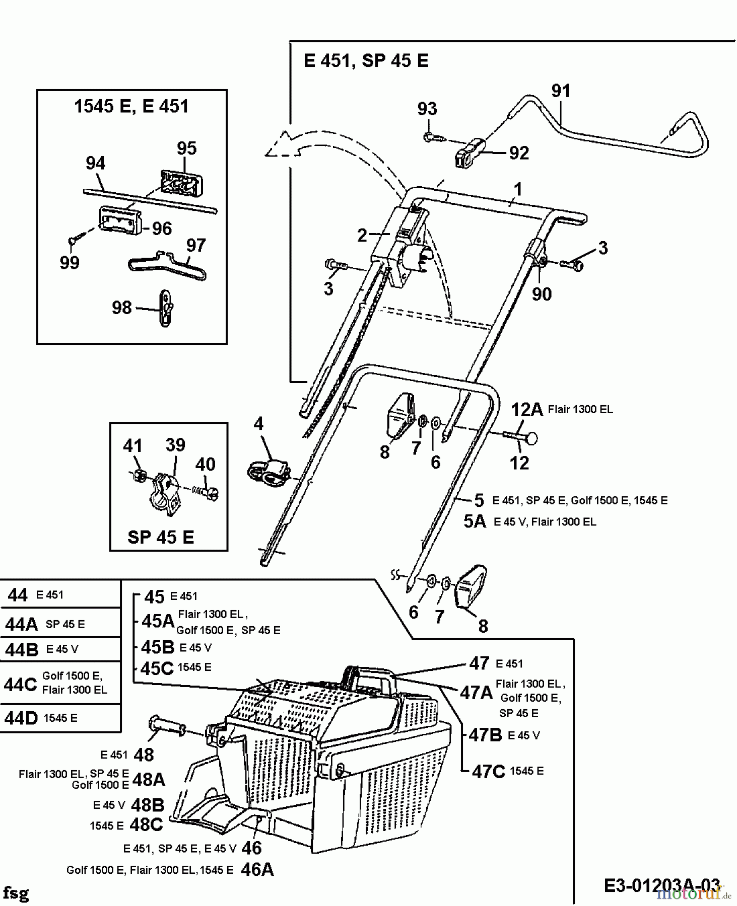  MTD Tondeuse électrique E 45 V 18A-T0H-678  (1998) Bac de réception de l'herbe, Brancard