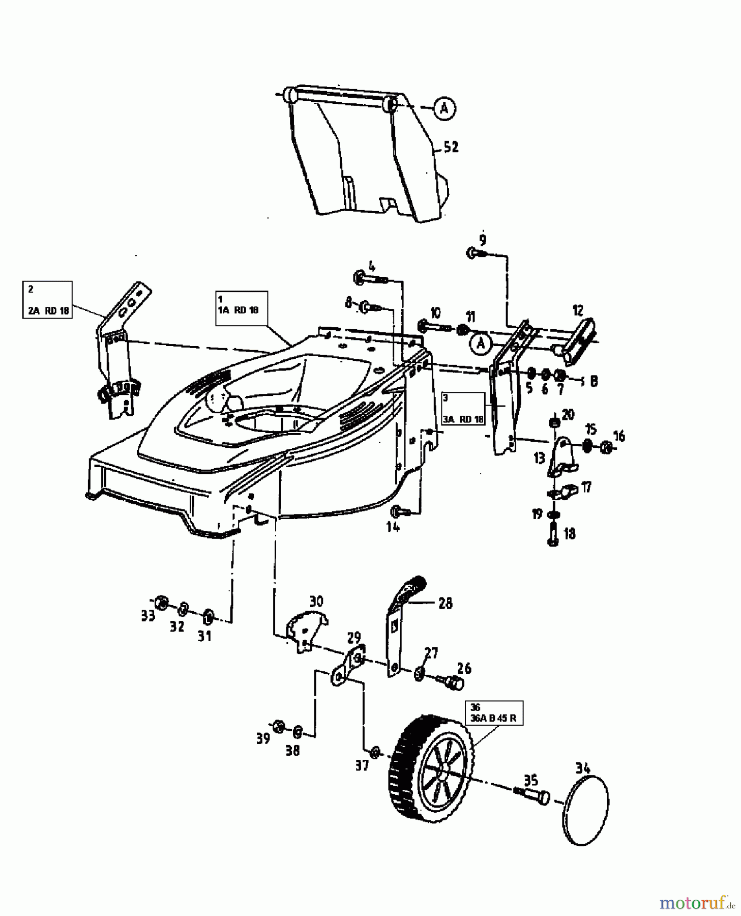  MTD Petrol mower self propelled B 45 R 12A-T01Y600  (1998) Front wheels, Cutting hight adjustment