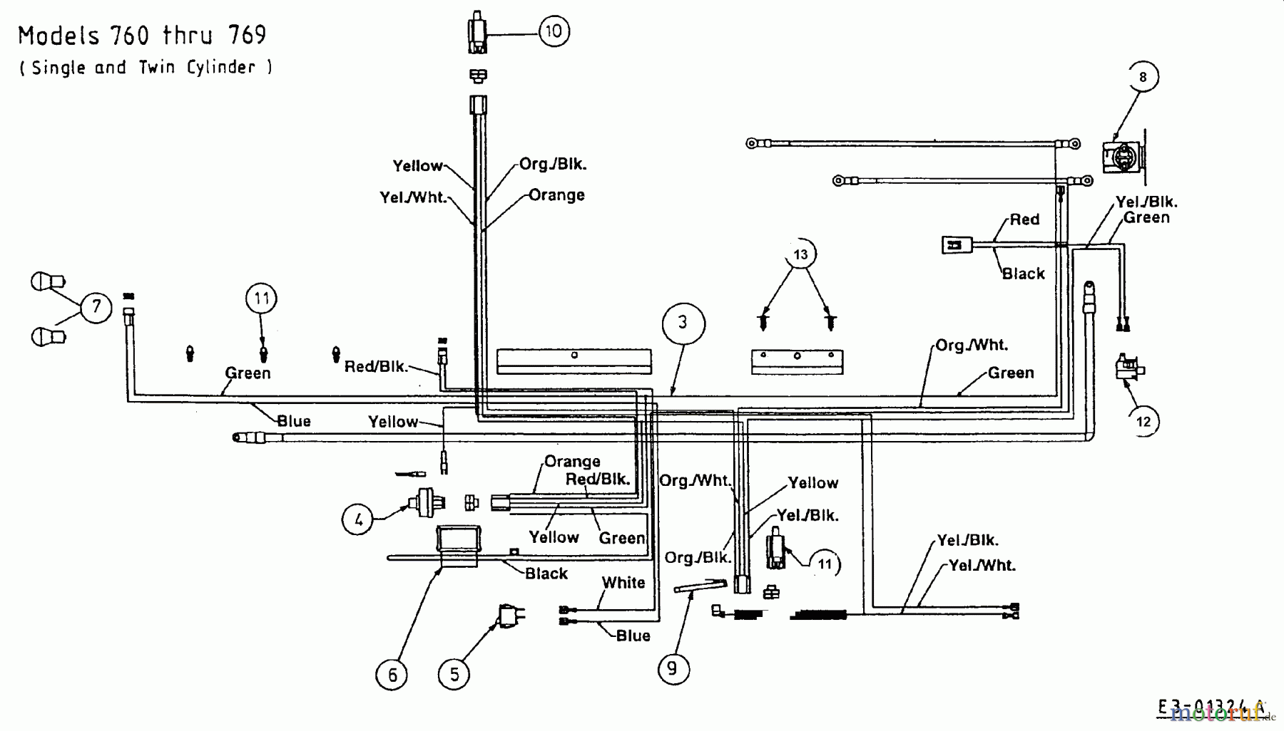  Raiffeisen Tracteurs de pelouse RMH 16/102 13AT763N628  (1998) Plan électrique pour moteur simple et deux cylindre