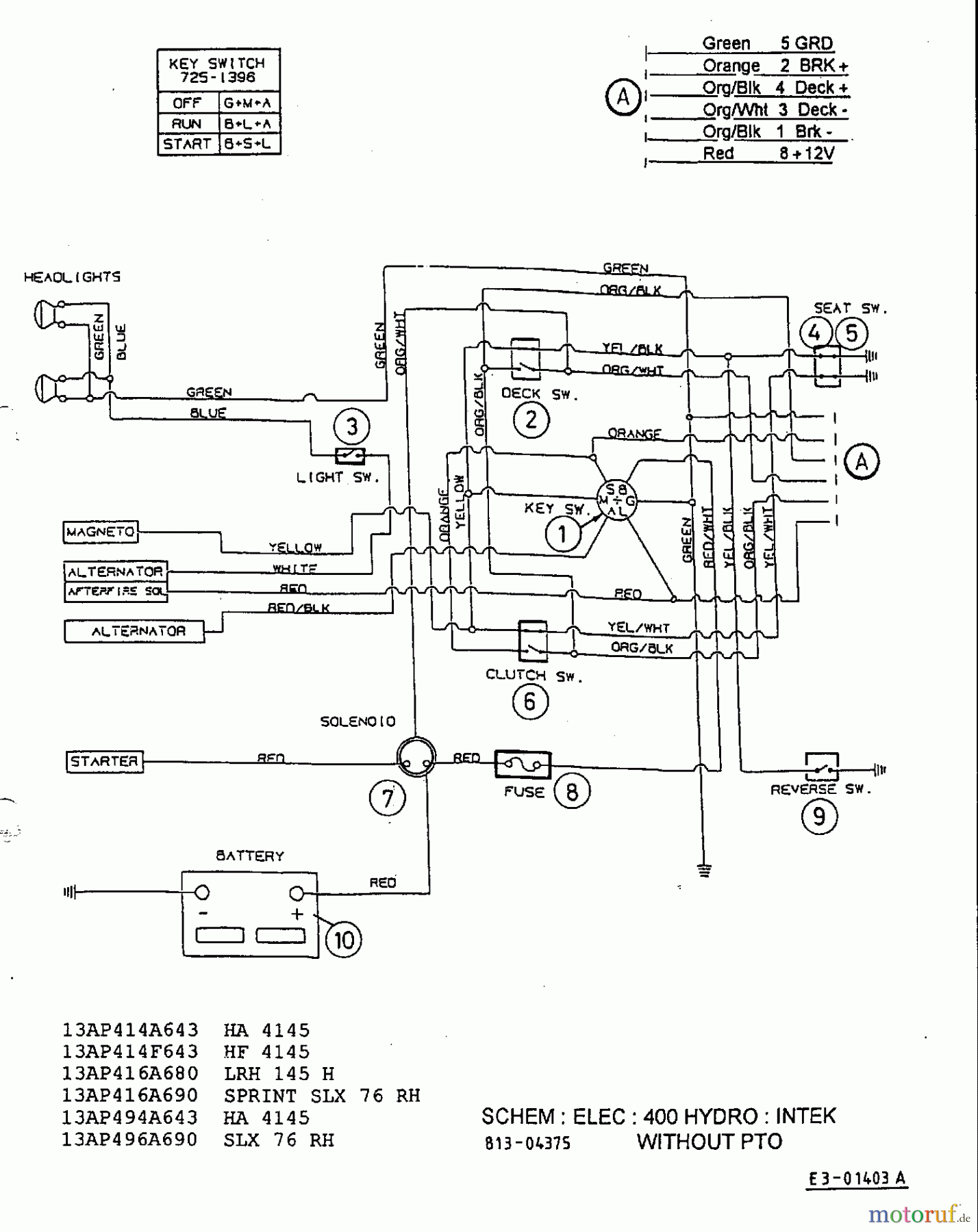  MTD Lawn tractors H 150 B 13BP418F678  (2003) Wiring diagram Intek without electric clutch