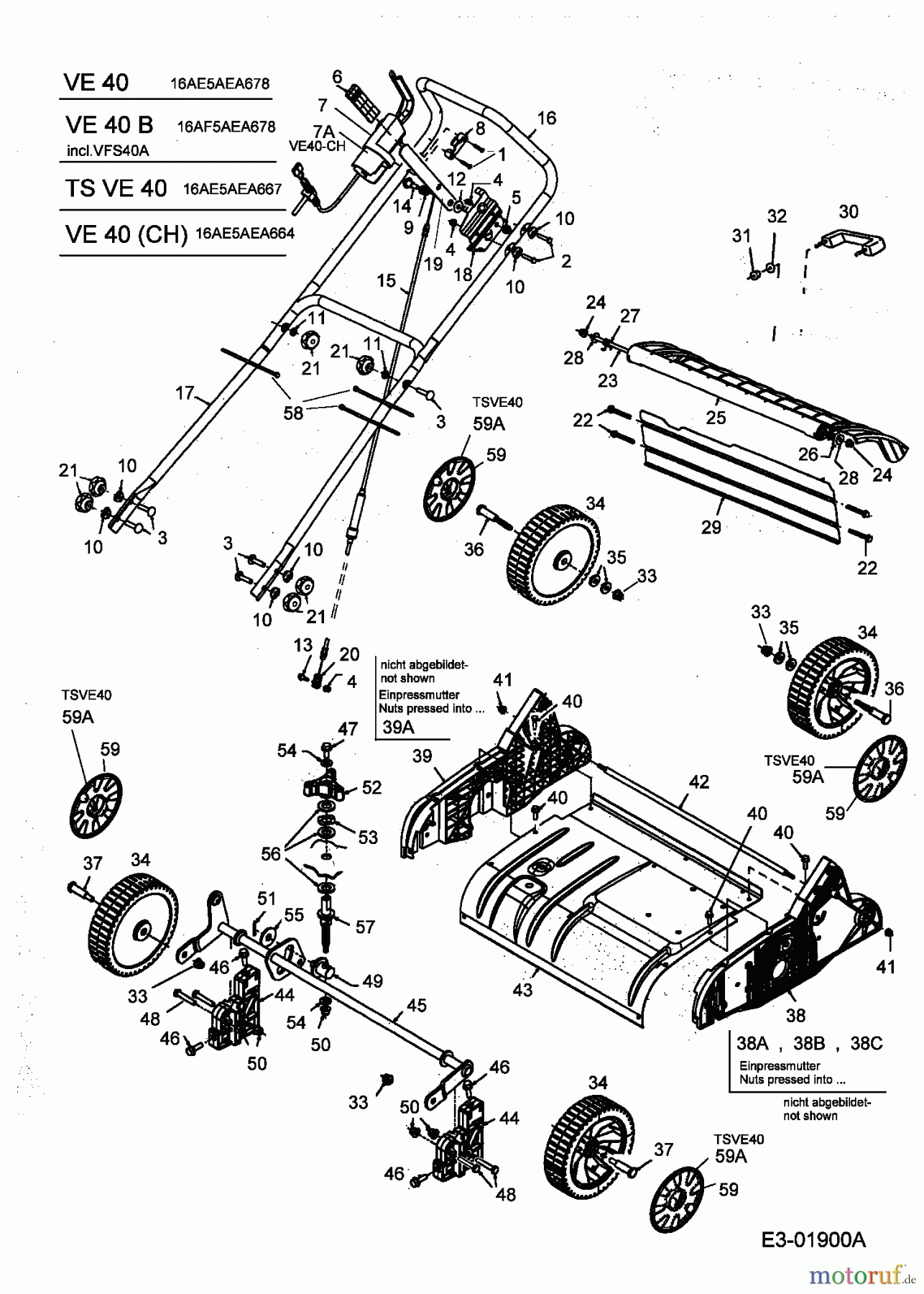  Turbo Silent Scarificateur électrique VE 40 16AE5AEA667  (2004) Réglage hauteur, Brancard, Roues