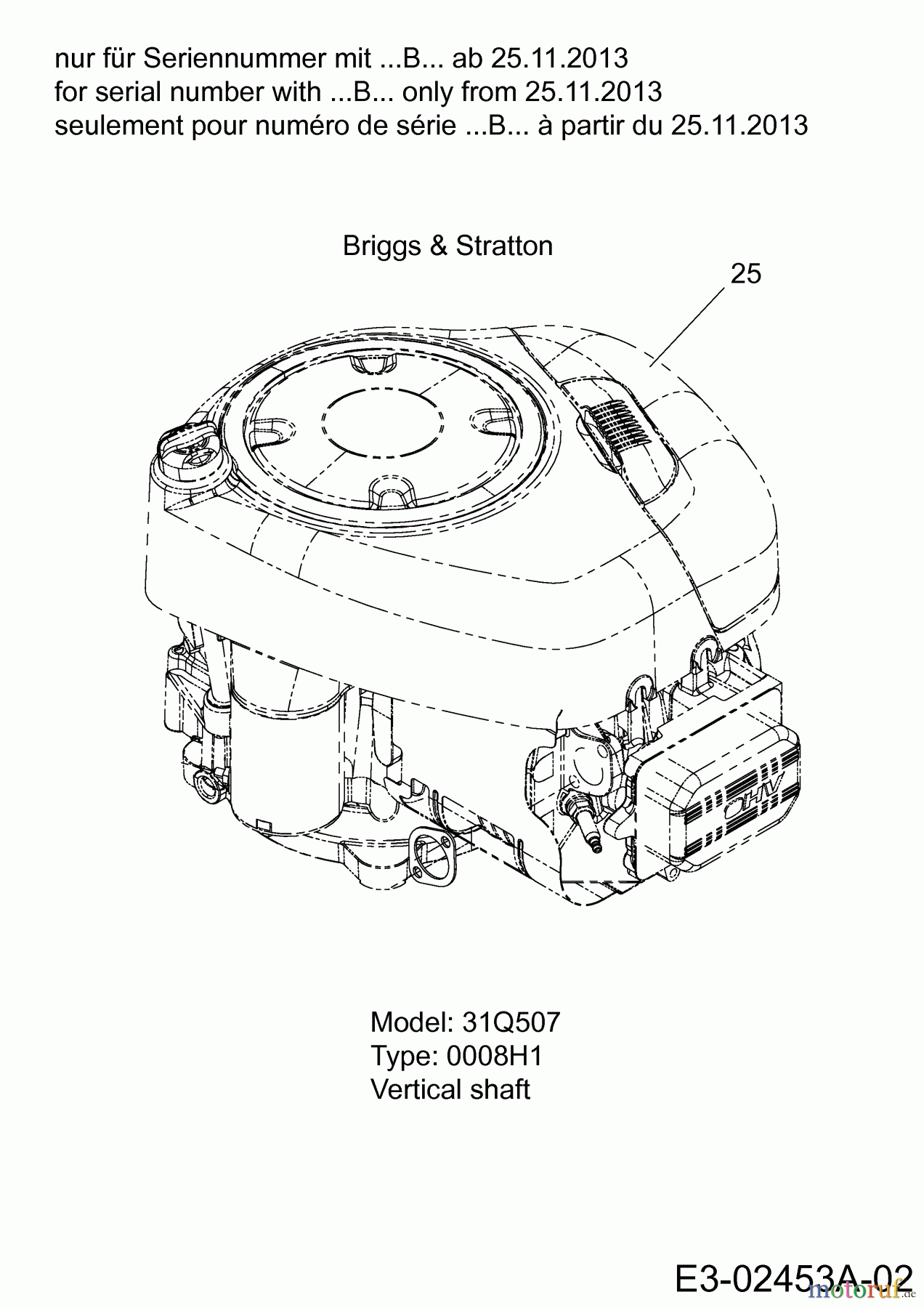MTD Tracteurs de pelouse Smart RF 145 H 13CM795F600 (2014) Moteur Briggs & Stratton seulement pour numéro de série ...B... à partir du 25.1