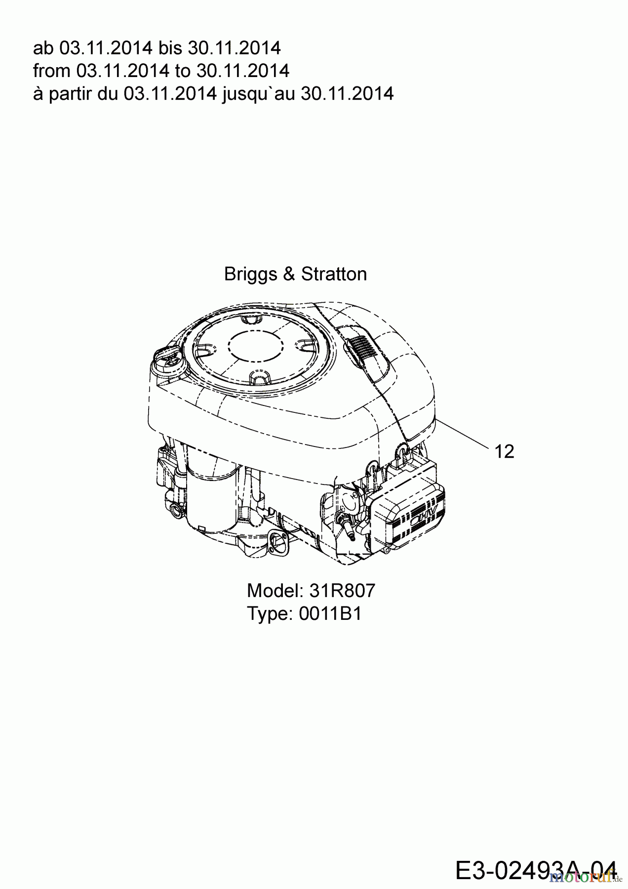  Blisar Tracteurs de pelouse GG 175 13HN763G607  (2015) Moteur Briggs & Stratton à partir du 03.11.2014 jusqu`au 30.11.2014