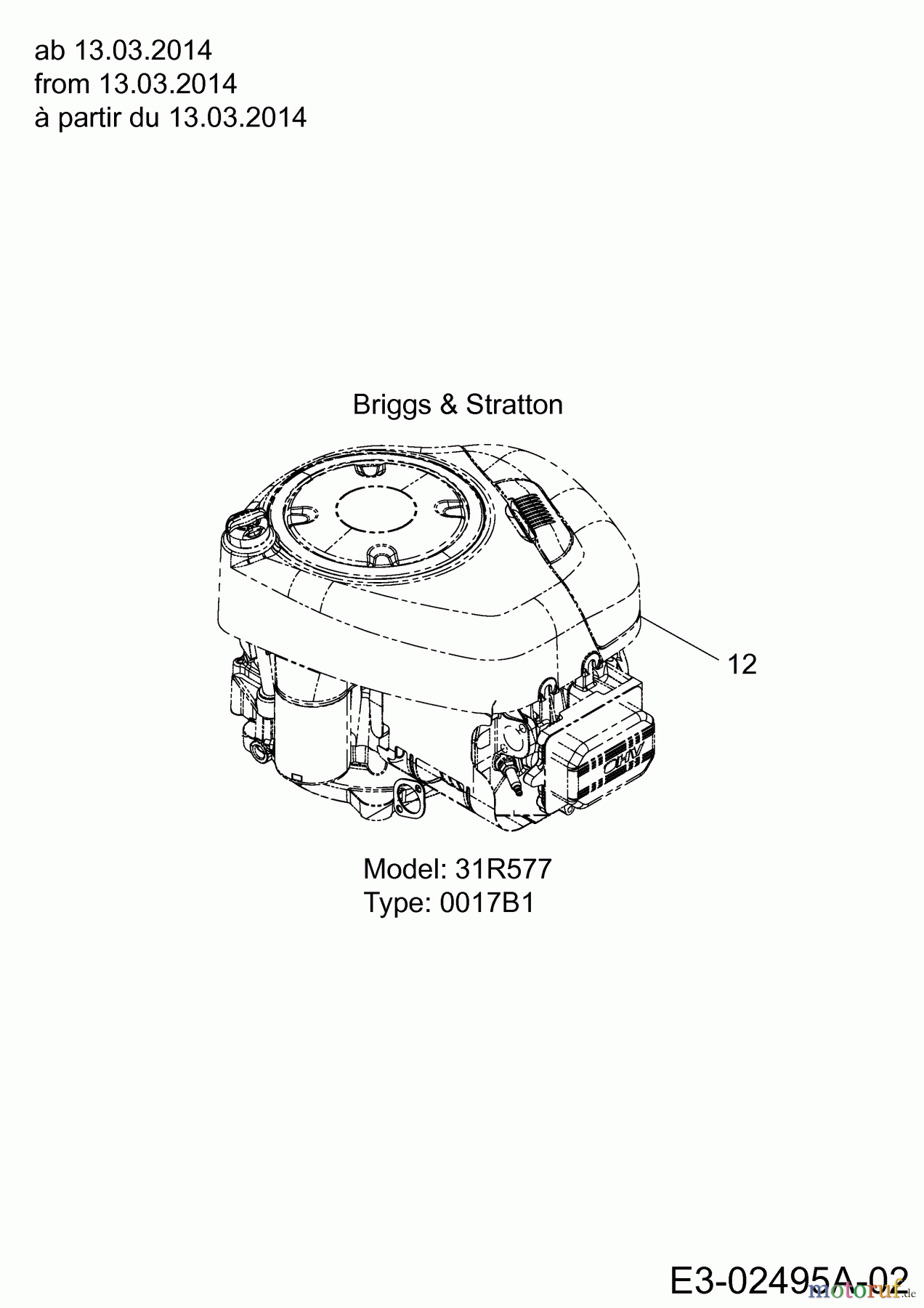  Cub Cadet Tracteurs de pelouse CC 1016 AE 13HD90AE603  (2014) Moteur Briggs & Stratton à partir du 13.03.2014