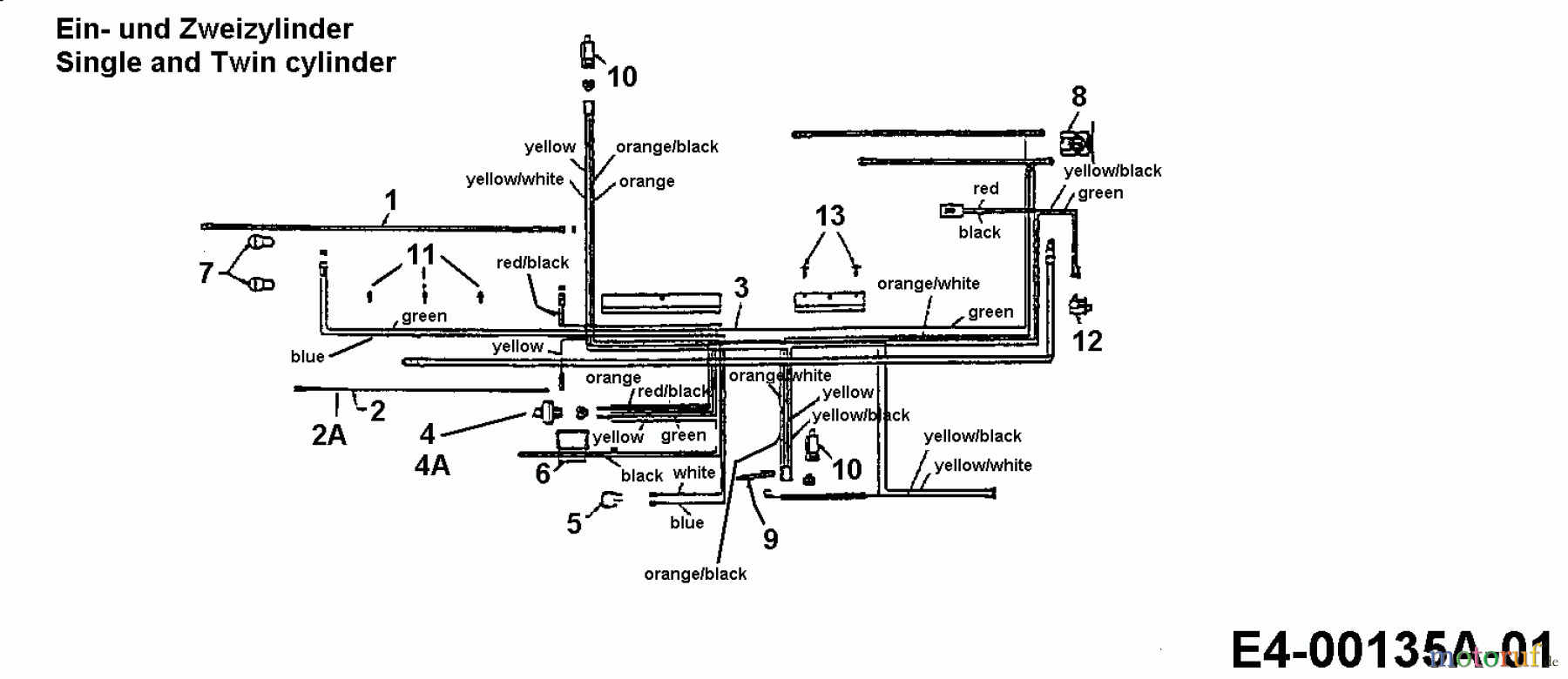  MTD Tracteurs de pelouse E 124 13CH765N661  (1999) Plan électrique pour moteur simple et deux cylindre