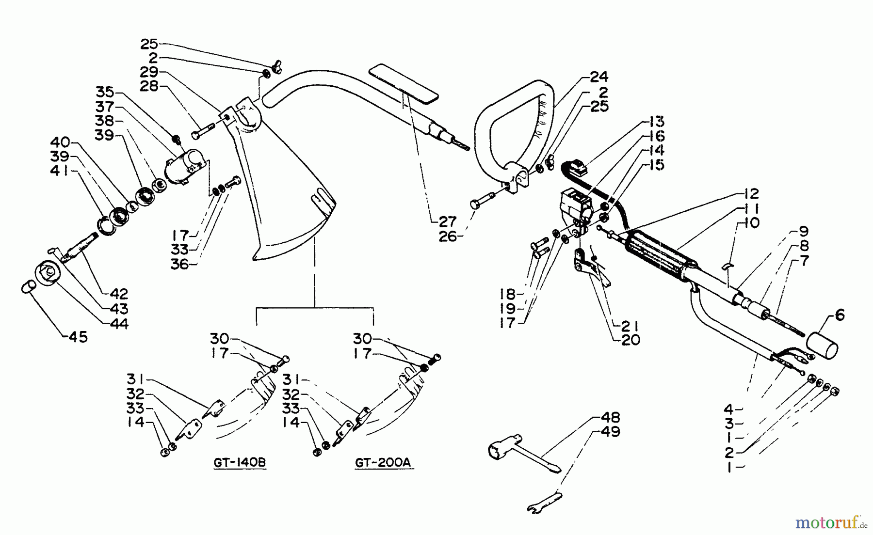 Echo Trimmer, Faden / Bürste GT-200A - Echo String Trimmer Driveshaft, Handles, Throttle, Stop Switch, Shield, Gear Case, Tools