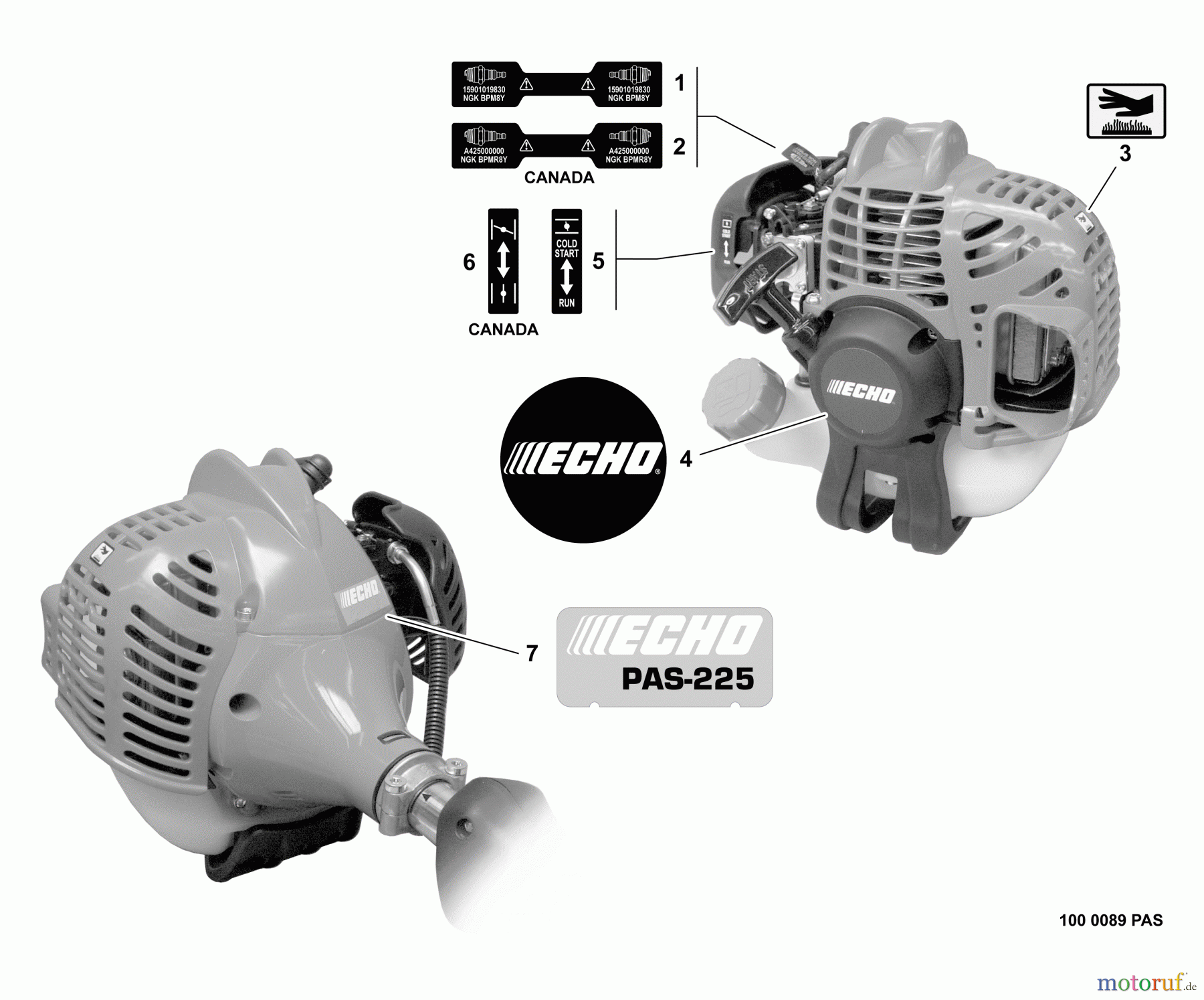  Echo Trimmer, Faden / Bürste PAS-225 - Echo Power Unit, S/N: S59511001001 - S59511003000 Labels
