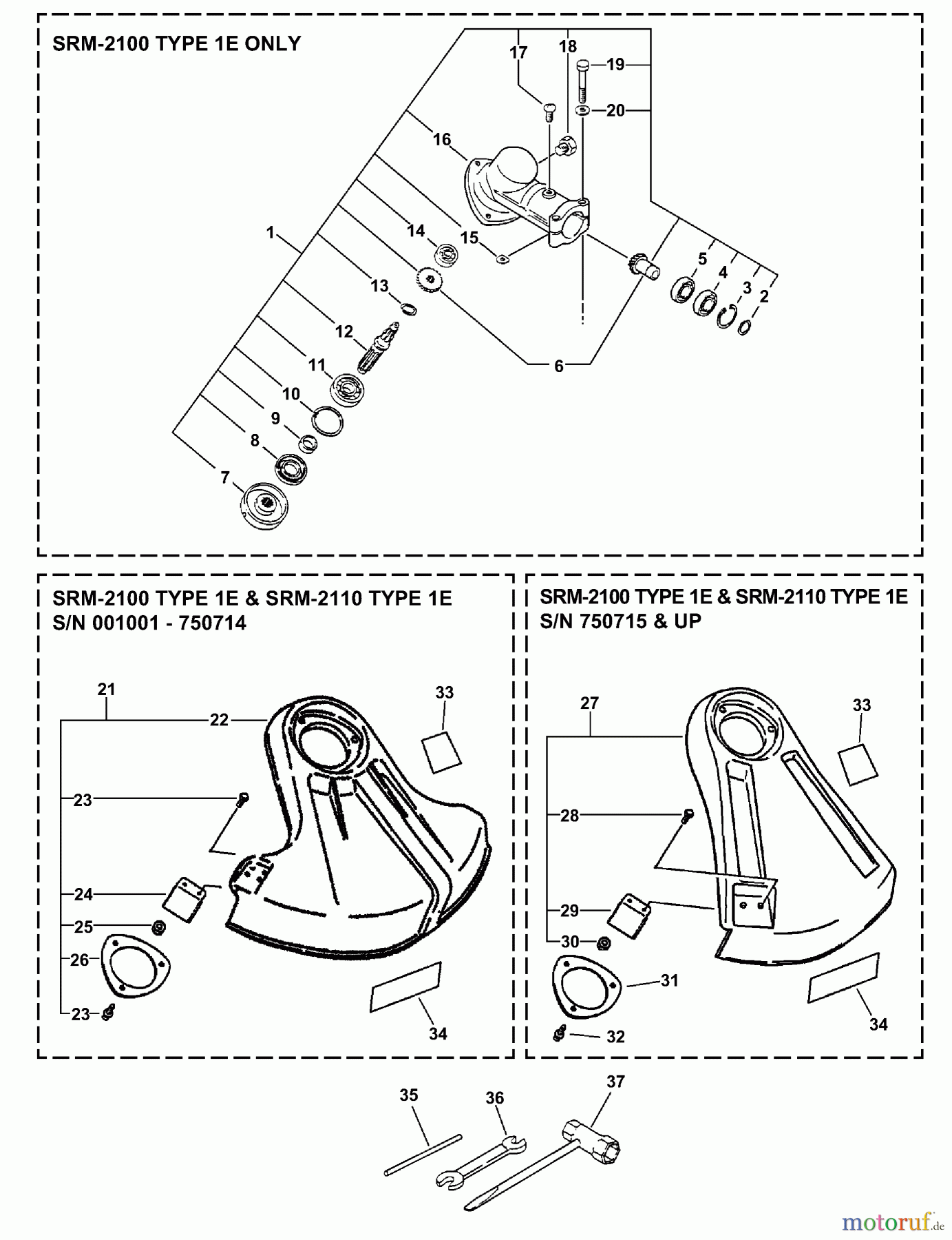 Echo Trimmer, Faden / Bürste SRM-2100 - Echo String Trimmer (Type 1E) Gear Case, Shields, Tools