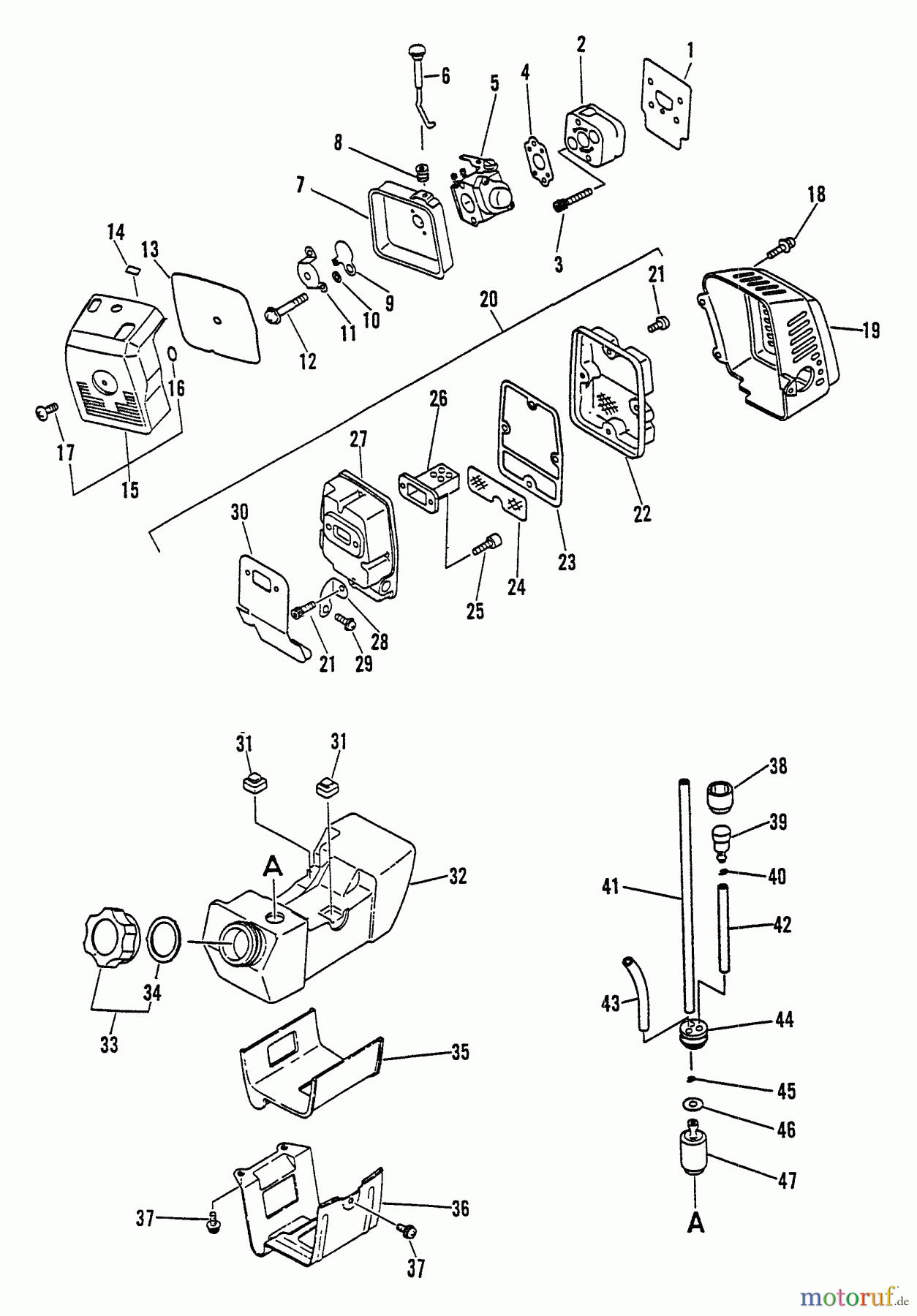 Echo Trimmer, Faden / Bürste SRM-3000 - Echo String Trimmer, S/N:037501 - 043225 Intake, Exhaust, Air Cleaner, Fuel System