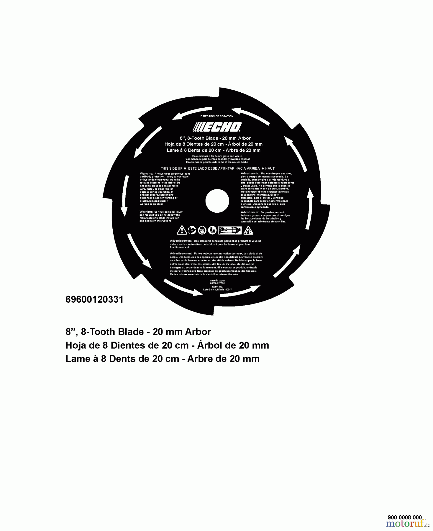  Echo Trimmer Zubehör 99944200422 - Echo Blade Conversion Kit 8 Tooth Blade - 20mm Arbor -- 8