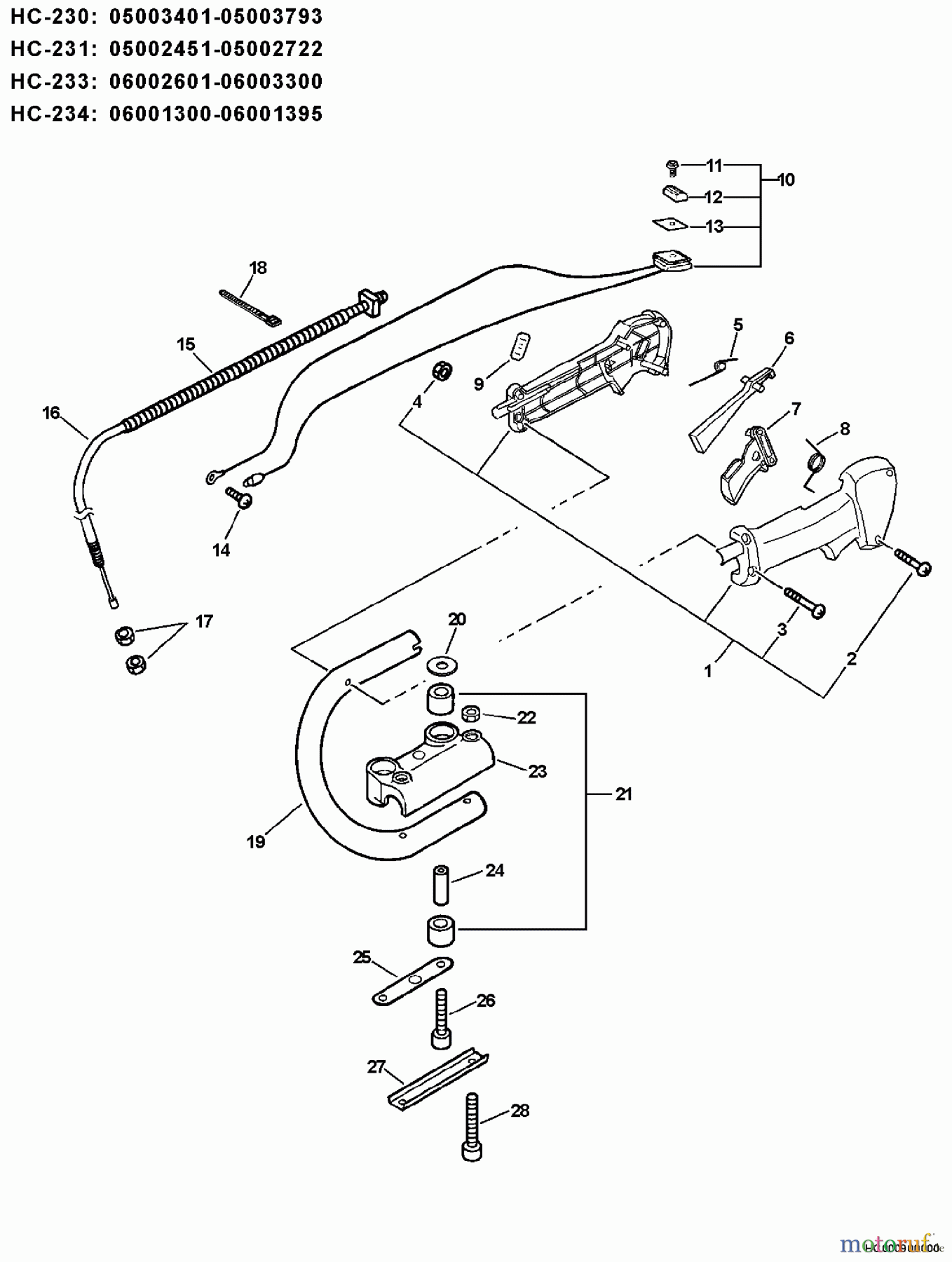  Echo Heckenscheren HC-230 - Echo Hedge Trimmer, S/N: 05001001 - 05999999 Handle, Ignition Switch, Throttle Cable  S/N: 05003401 - 05003793