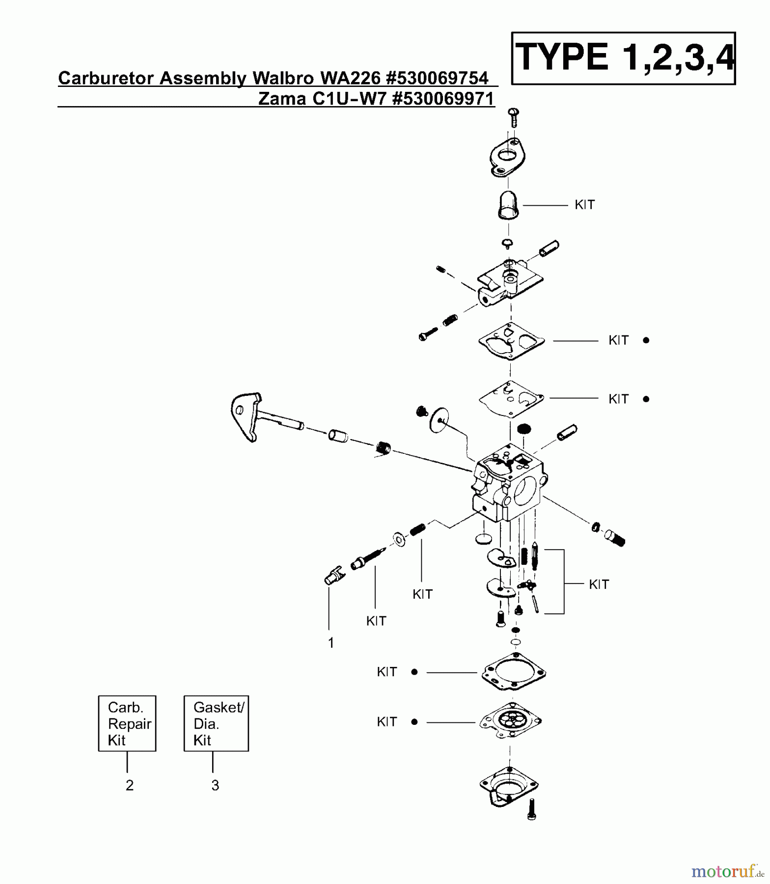  Poulan / Weed Eater Motorsensen, Trimmer XT400 (Type 4) - Weed Eater String Trimmer Carburetor Assembly (Walbro WA226) P/N 530069754, (Zama C1U-W7) P/N 530069971