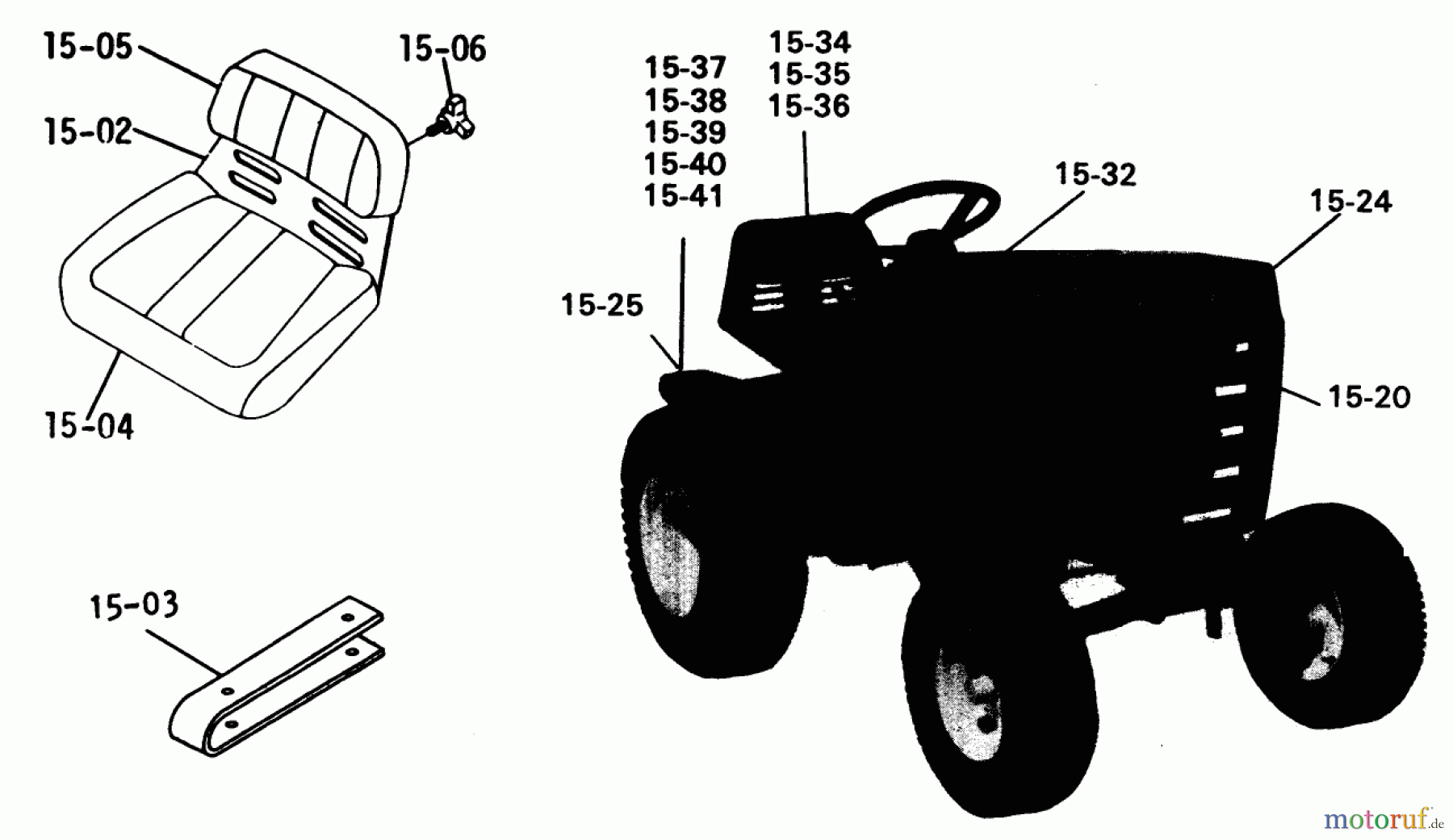  Toro Neu Mowers, Lawn & Garden Tractor Seite 1 1-0357 (C-120) - Toro C-120 8-Speed Tractor, 1975 15.000 SEATS, DECALS MISC. TRIM (FIG. 15)