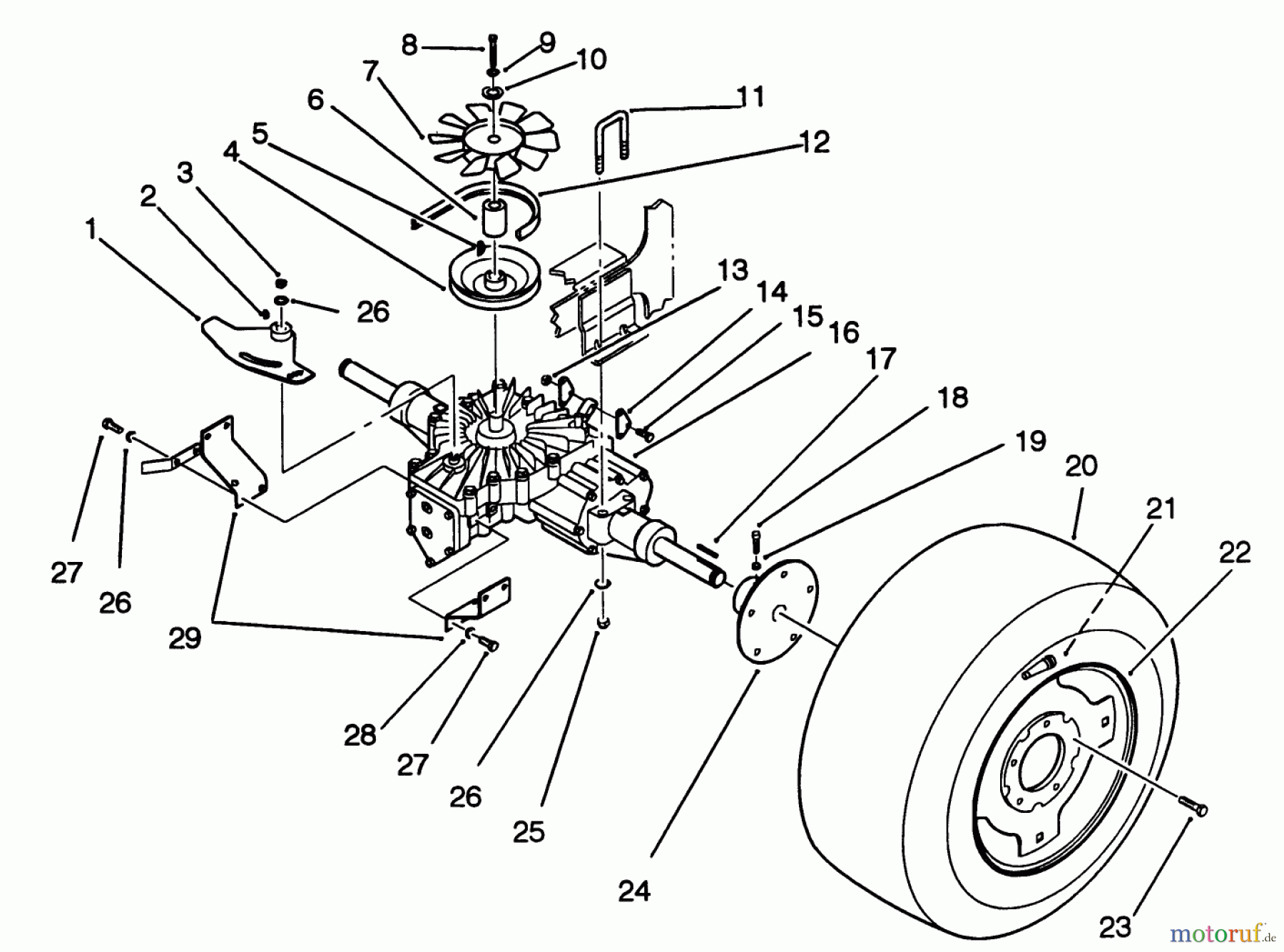  Toro Neu Mowers, Lawn & Garden Tractor Seite 1 42-16BE01 (246-H) - Toro 246-H Yard Tractor, 1992 (2000001-2999999) REAR WHEEL AND TRANSMISSION ASSEMBLY