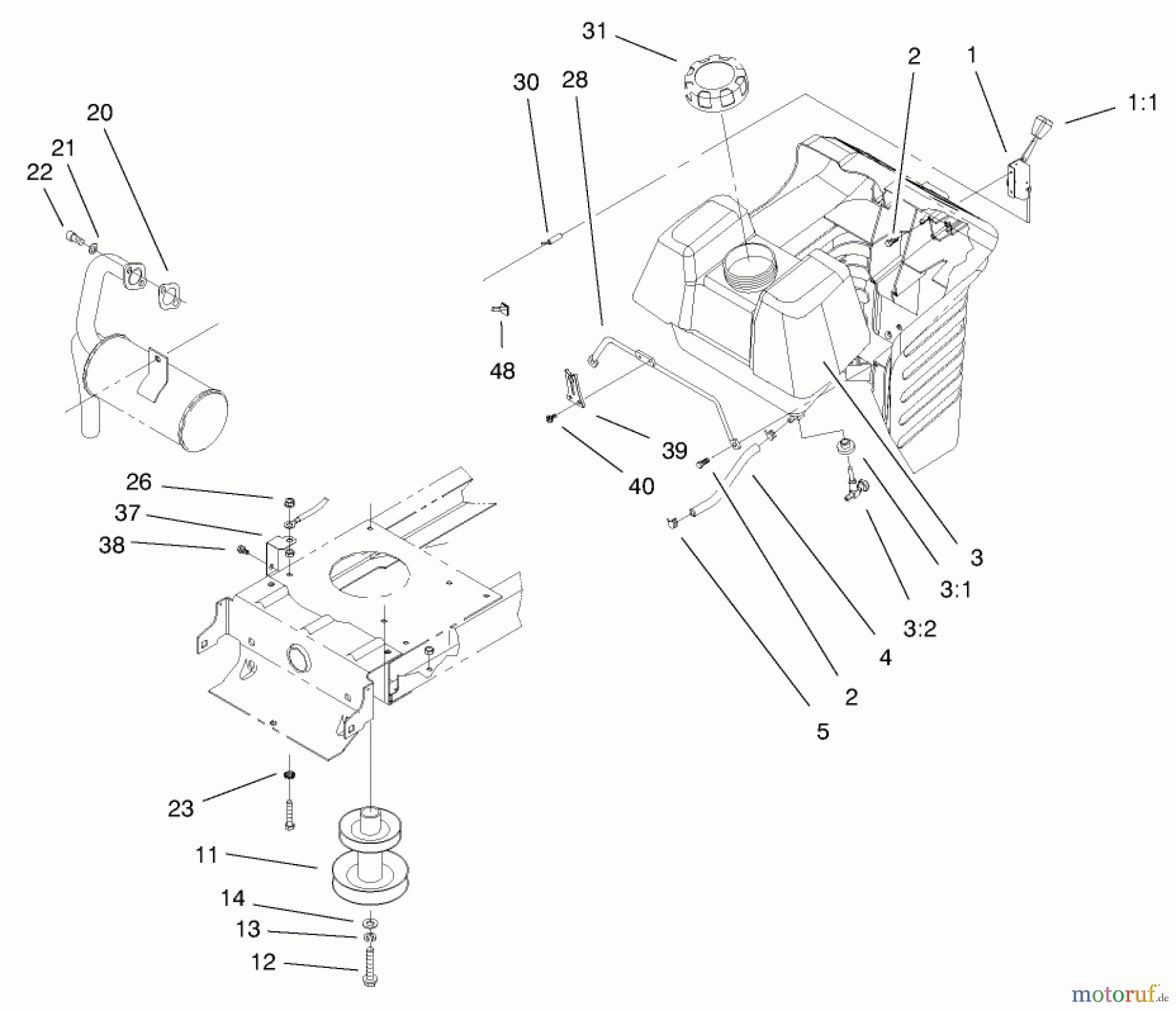  Toro Neu Mowers, Lawn & Garden Tractor Seite 1 71209 (13-32XLE) - Toro 13-32XLE Lawn Tractor, 2000 (200000001-200999999) ENGINE SYSTEMS COMPONENTS ASSEMBLY