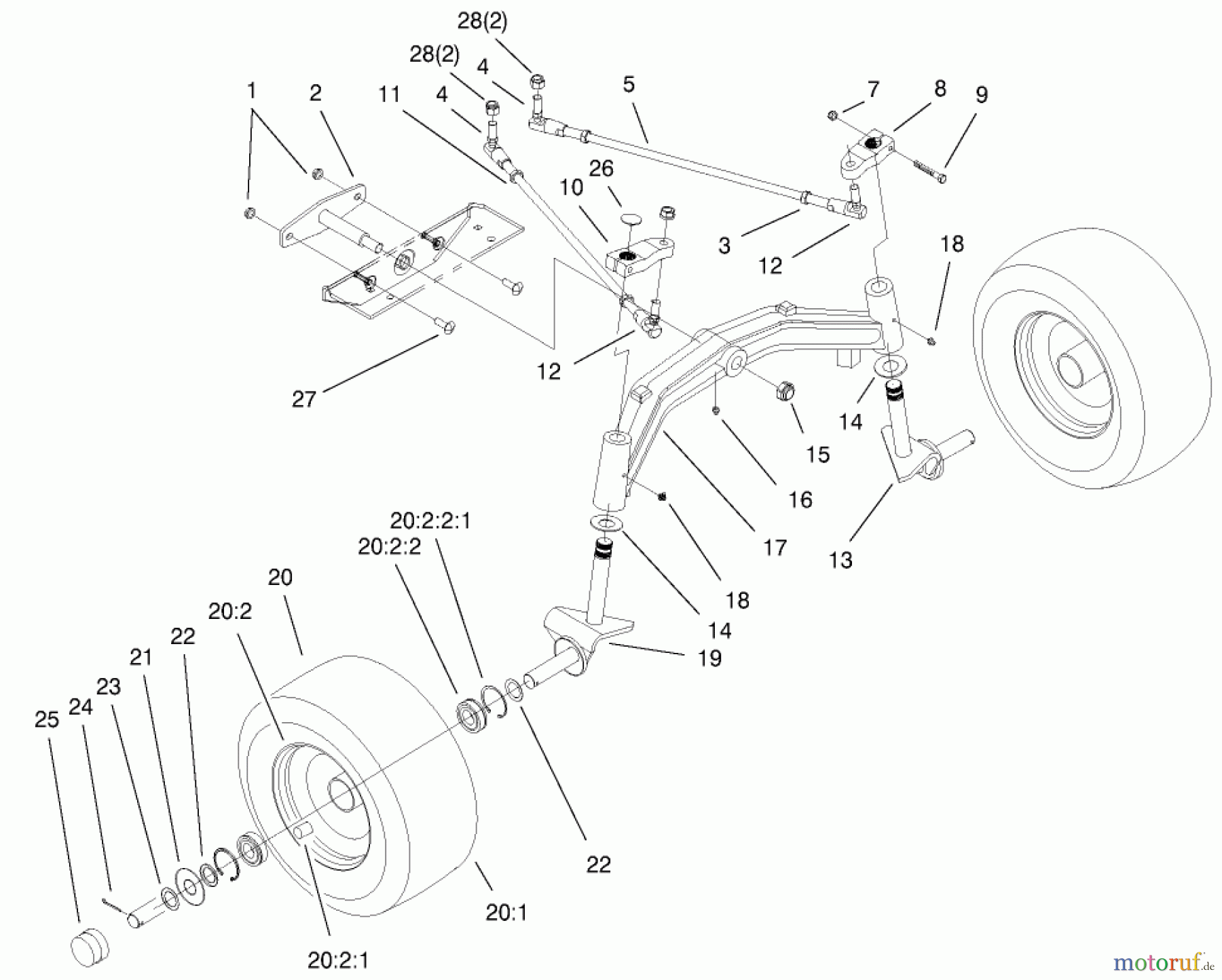  Toro Neu Mowers, Lawn & Garden Tractor Seite 1 73580 (520Lxi) - Toro 520Lxi Garden Tractor, 2000 (200000001-200999999) TIE RODS, SPINDLE, & FRONT AXLE ASSEMBLY