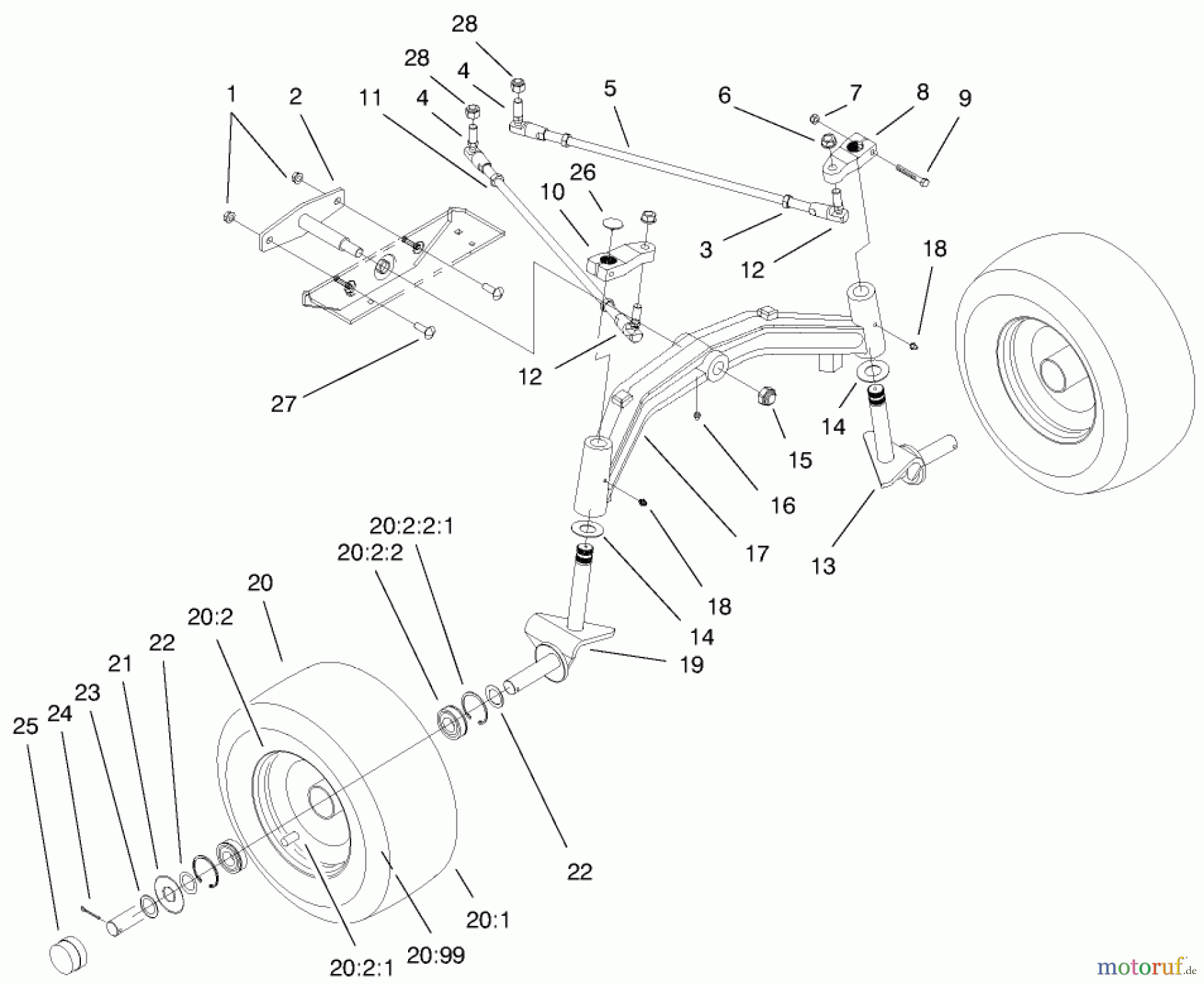  Toro Neu Mowers, Lawn & Garden Tractor Seite 1 73561 (522xi) - Toro 522xi Garden Tractor, 2000 (200000001-200000200) TIE RODS, SPINDLE, & FRONT AXLE ASSEMBLY