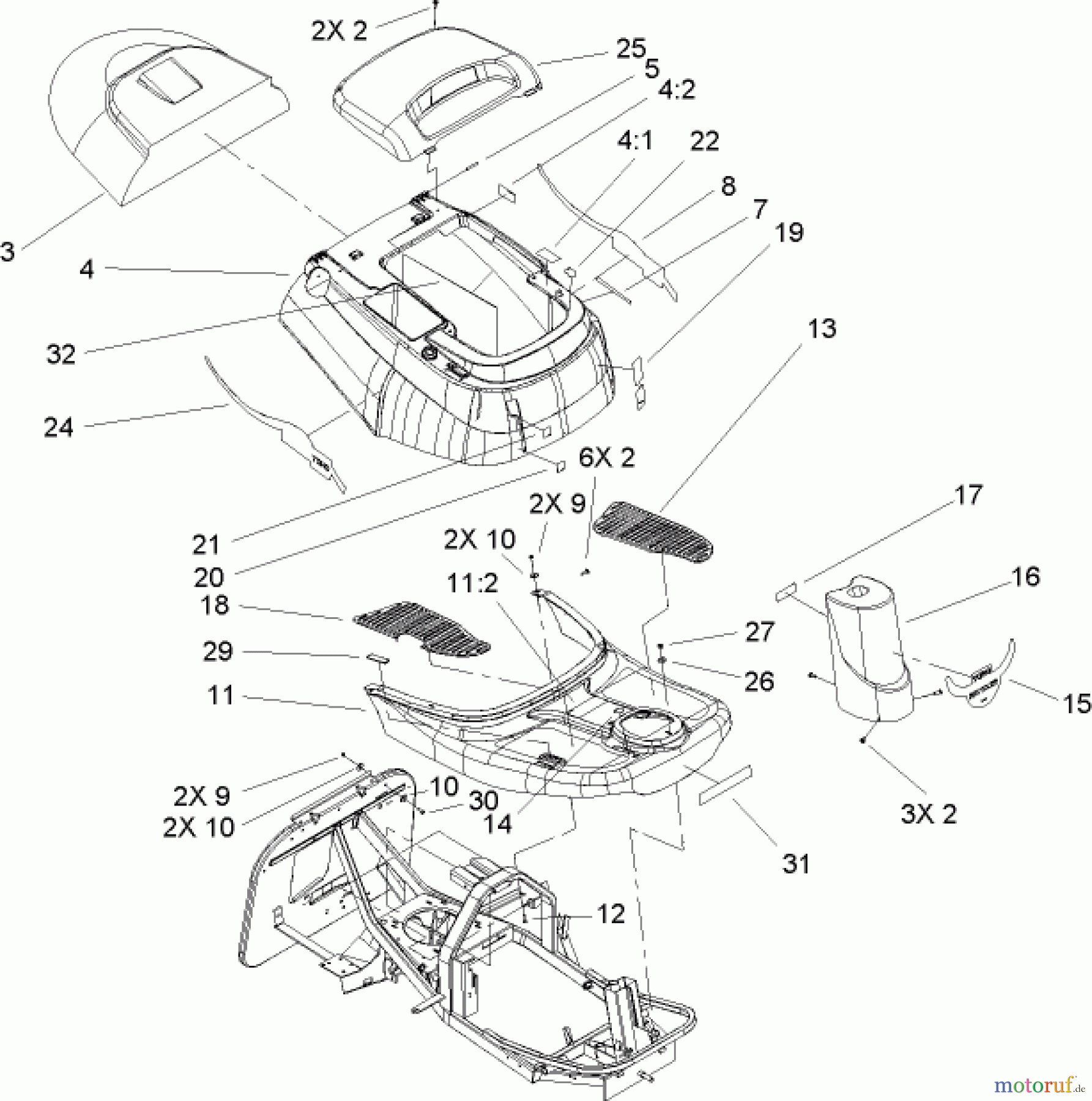  Toro Neu Mowers, Rear-Engine Rider 70185 (G132) - Toro G132 Rear-Engine Riding Mower, 2006 (260000001-260999999) BODY AND DECAL ASSEMBLY