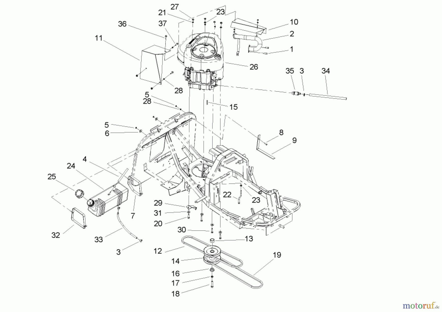  Toro Neu Mowers, Rear-Engine Rider 70185 (G132) - Toro G132 Rear-Engine Riding Mower, 2006 (260000001-260999999) ENGINE AND FUEL TANK ASSEMBLY