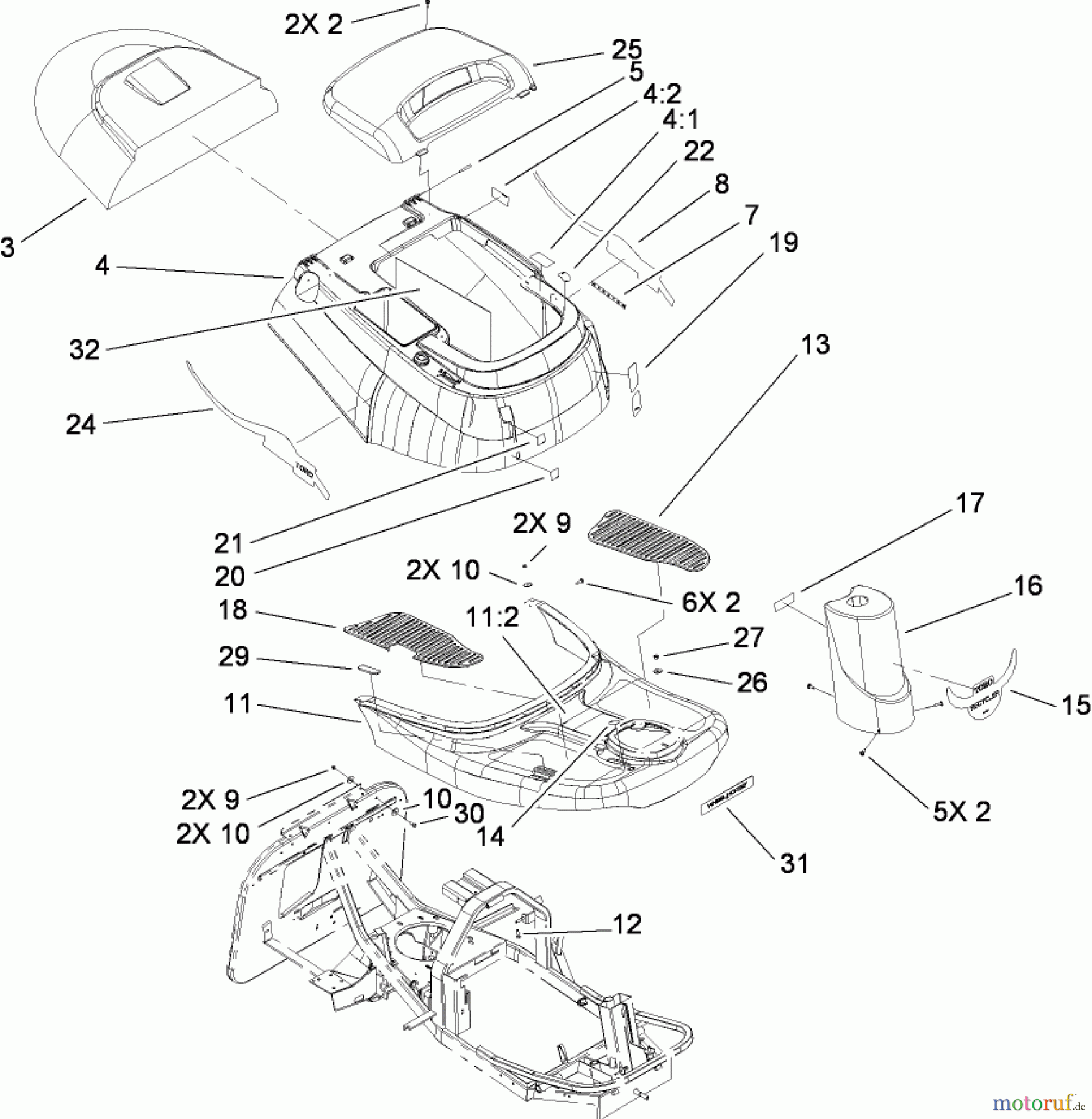  Toro Neu Mowers, Rear-Engine Rider 70185 (G132) - Toro G132 Rear-Engine Riding Mower, 2009 (280899565-290999999) BODY AND DECAL ASSEMBLY