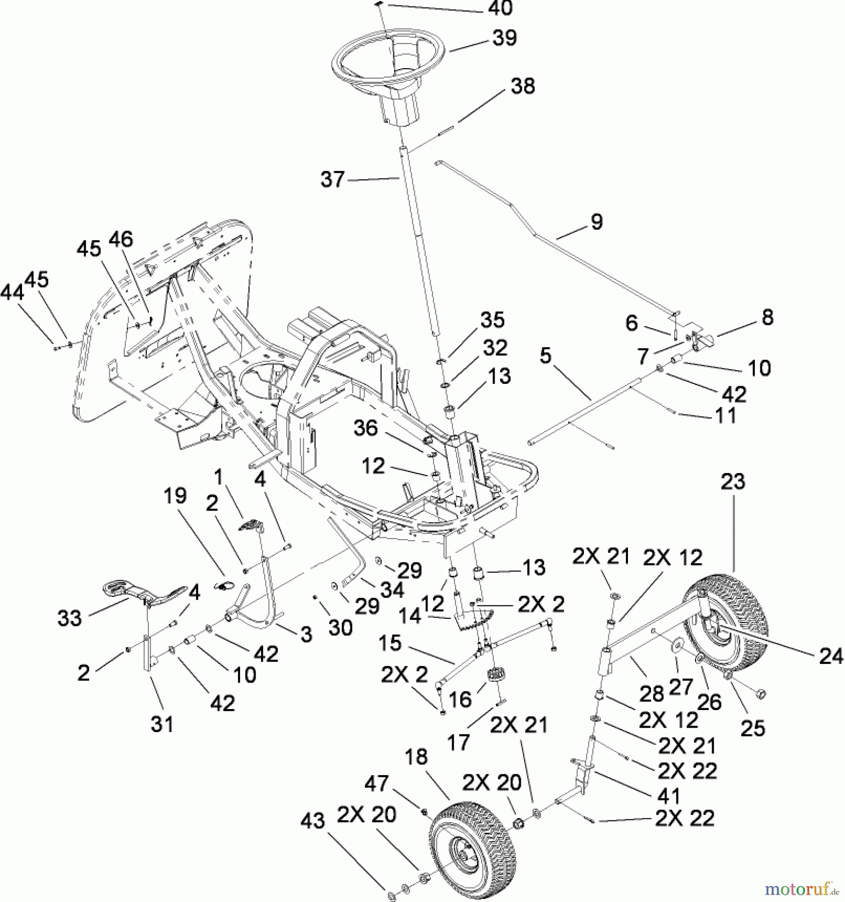  Toro Neu Mowers, Rear-Engine Rider 70186 (H132) - Toro H132 Rear-Engine Riding Mower, 2009 (280899435-290999999) FRONT AXLE AND STEERING ASSEMBLY