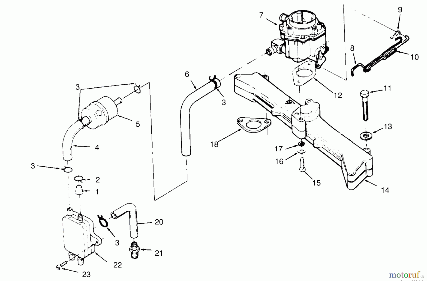  Toro Neu Mowers, Zero-Turn 74140 (724-Z) - Toro 724-Z Tractor, 1995 (590001-599999) CARBURETOR, INTAKE MANIFOLD & FUEL PUMP