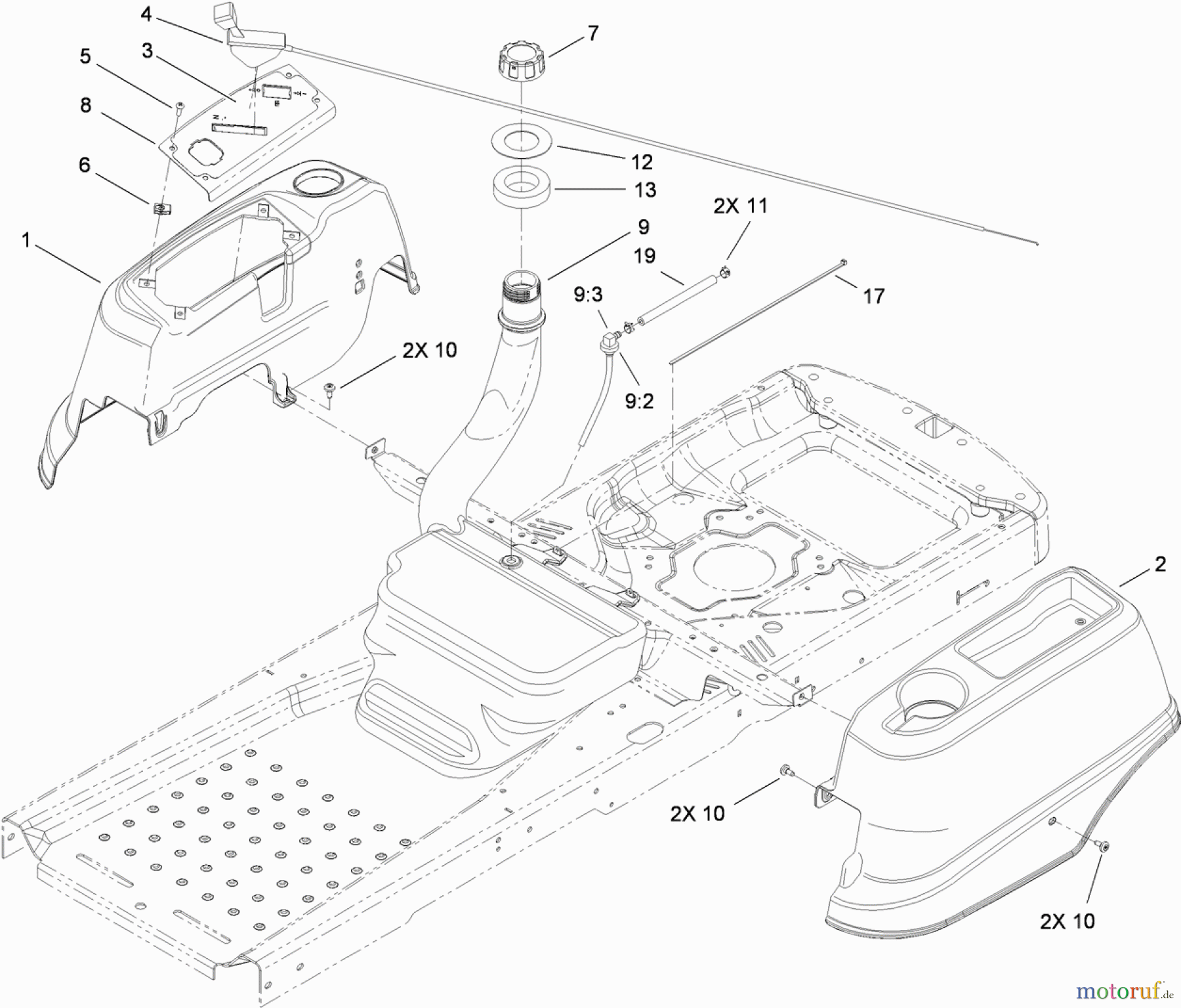 Toro Neu Mowers, Zero-Turn 74360 (Z4200) - Toro TimeCutter Z4200 Riding Mower, 2010 (310000001-310999999) FUEL DELIVERY AND BODY STYLING ASSEMBLY