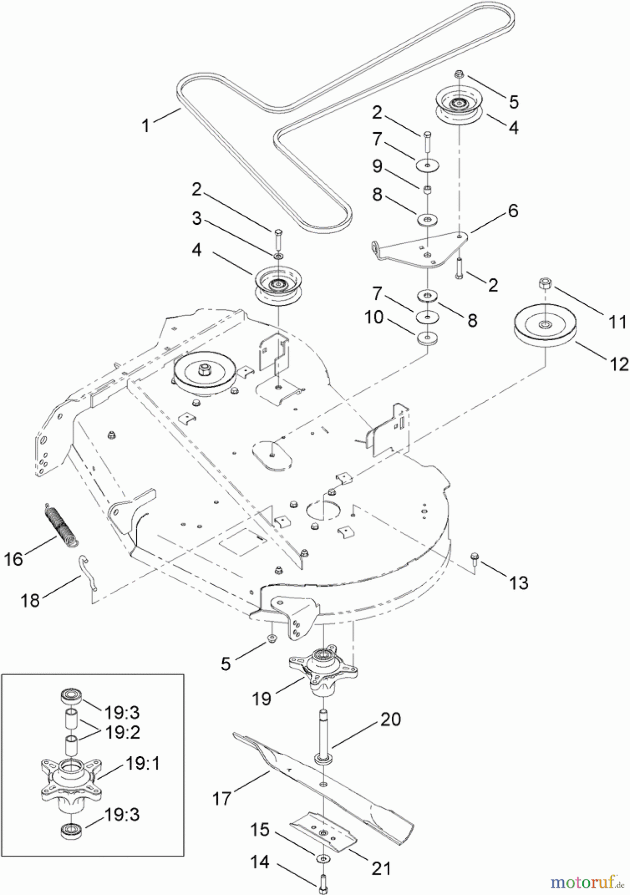 Toro Neu Mowers, Zero-Turn 74390 (ZS 4200TF) - Toro TimeCutter ZS 4200TF Riding Mower, 2012 (SN 312000001-312999999) 42 INCH DECK BELT AND BLADE ASSEMBLY