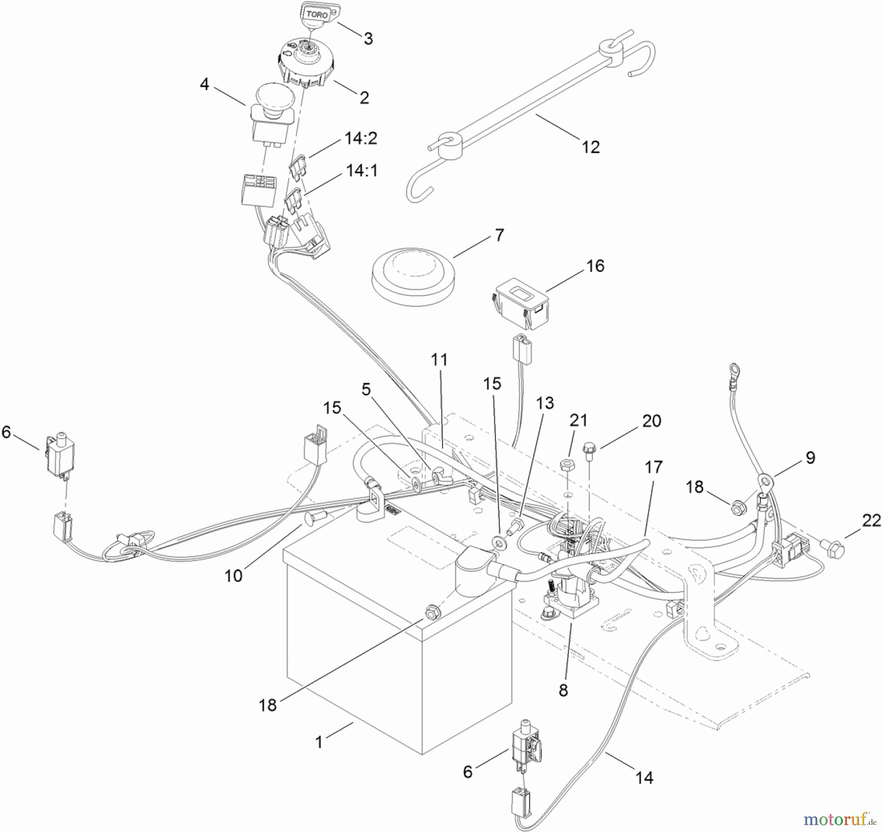  Toro Neu Mowers, Zero-Turn 74390 (ZS 4200TF) - Toro TimeCutter ZS 4200TF Riding Mower, 2012 (SN 312000001-312999999) BATTERY AND ELECTRICAL ASSEMBLY