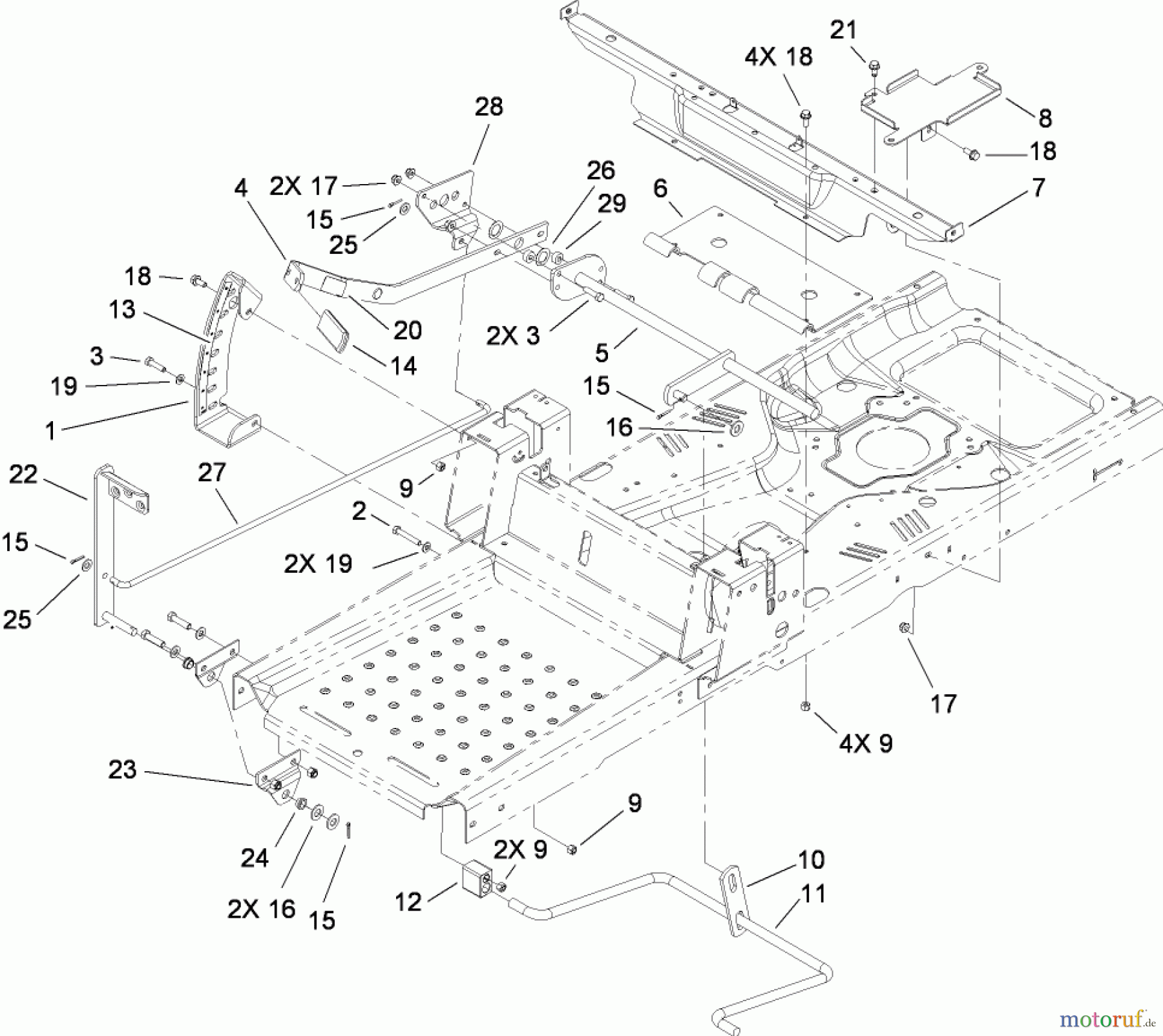 Toro Neu Mowers, Zero-Turn 74399 (Z5020) - Toro TimeCutter Z5020 Riding Mower, 2009 (290000440-290999999) DECK LIFT AND SEAT SUPPORT ASSEMBLY