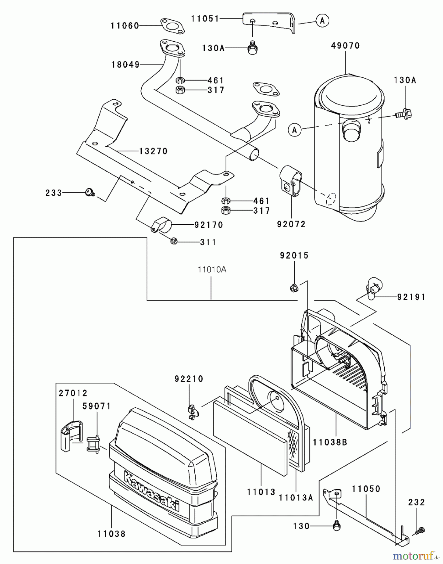  Toro Neu Mowers, Zero-Turn 74401 (17-44ZX) - Toro 17-44ZX TimeCutter ZX Riding Mower, 2003 (230000001-230999999) AIR FILTER AND MUFFLER ASSEMBLY KAWASAKI FH500V-BS36