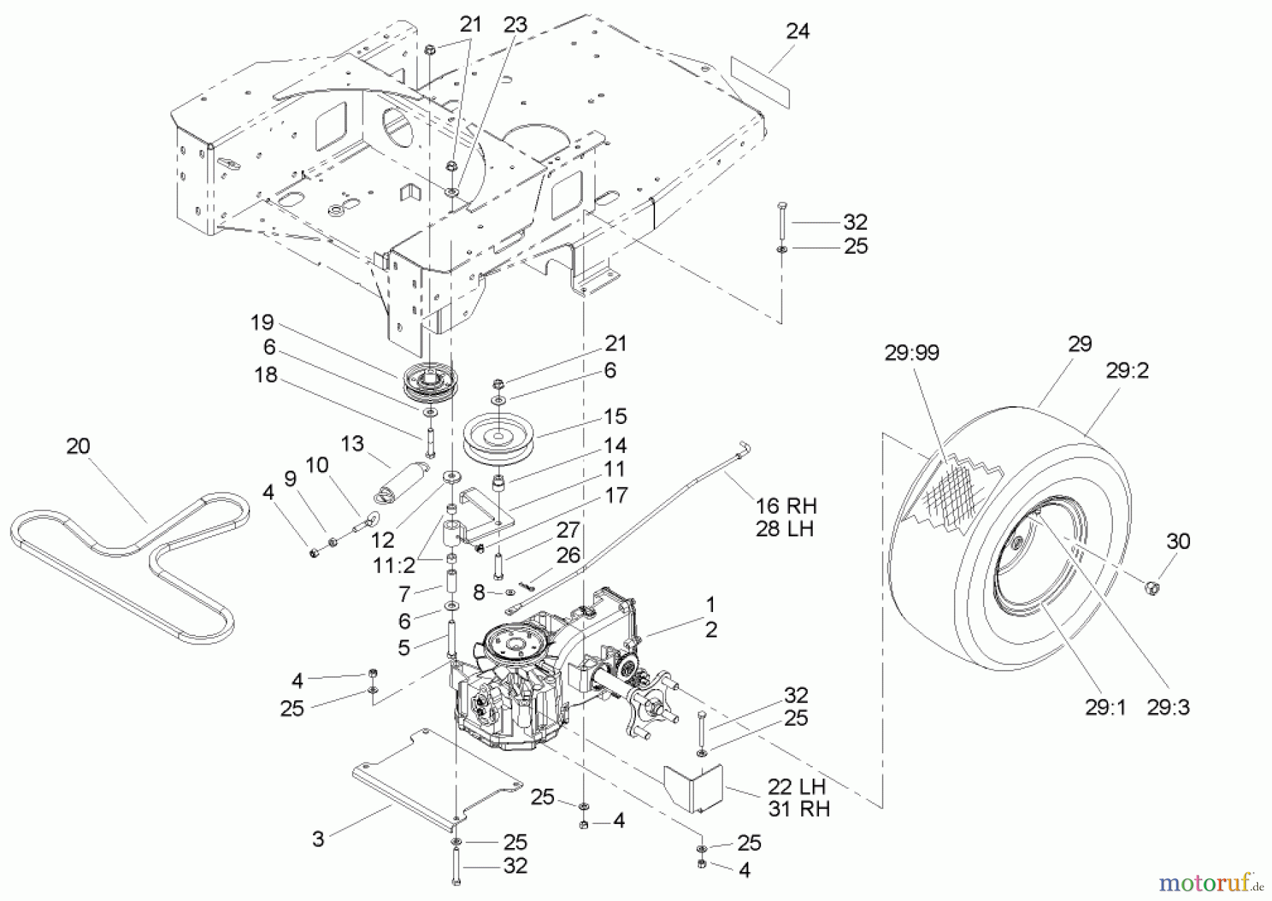  Toro Neu Mowers, Zero-Turn 74602 (18-44ZX) - Toro 18-44ZX TimeCutter ZX Riding Mower, 2004 (240000001-240999999) HYDRAULIC AND BELT DRIVE ASSEMBLY