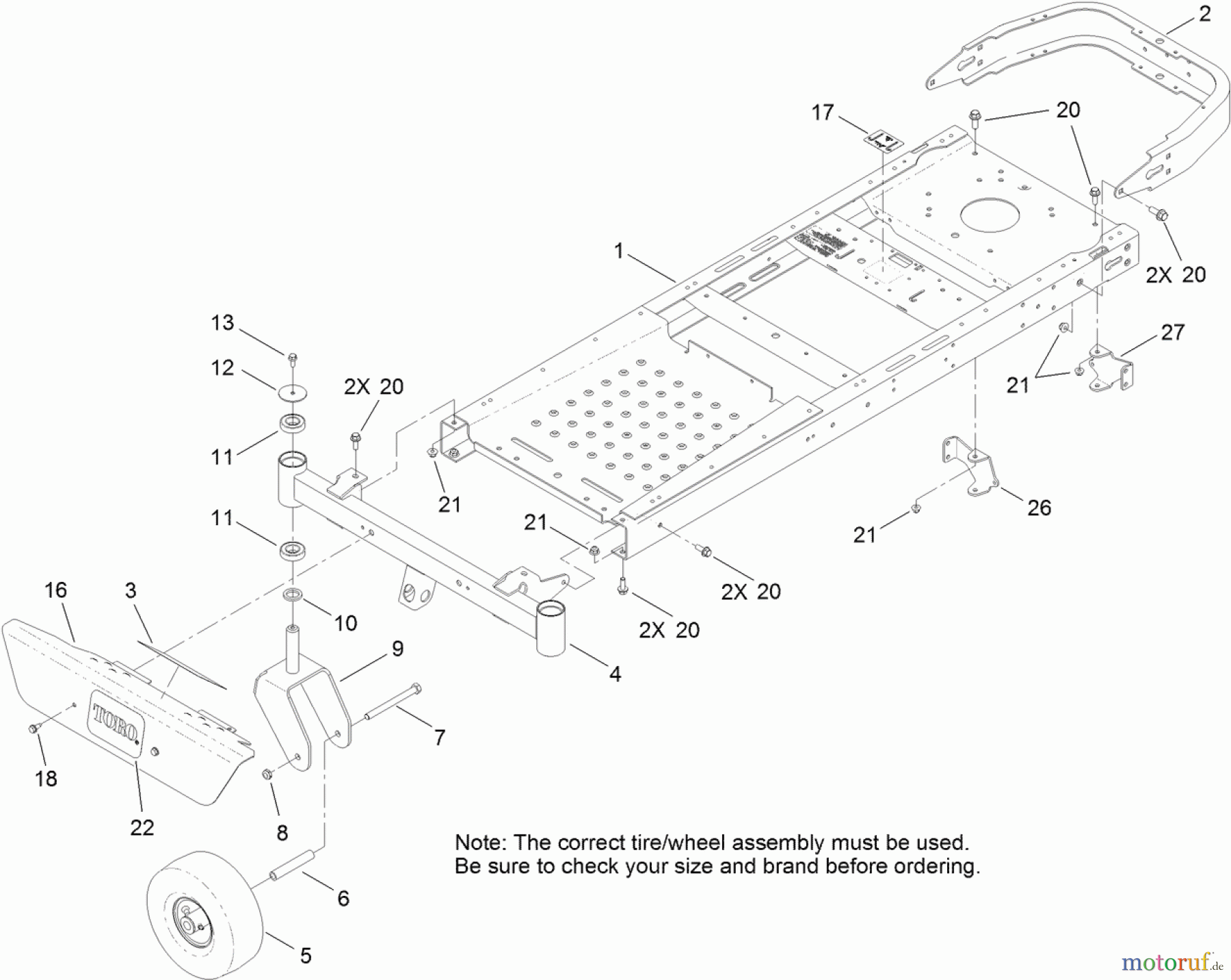Toro Neu Mowers, Zero-Turn 74620 (3200) - Toro TimeCutter SS 3200 Riding Mower, 2011 (311000001-311999999) FRAME, FRONT AXLE AND CASTER WHEEL ASSEMBLY