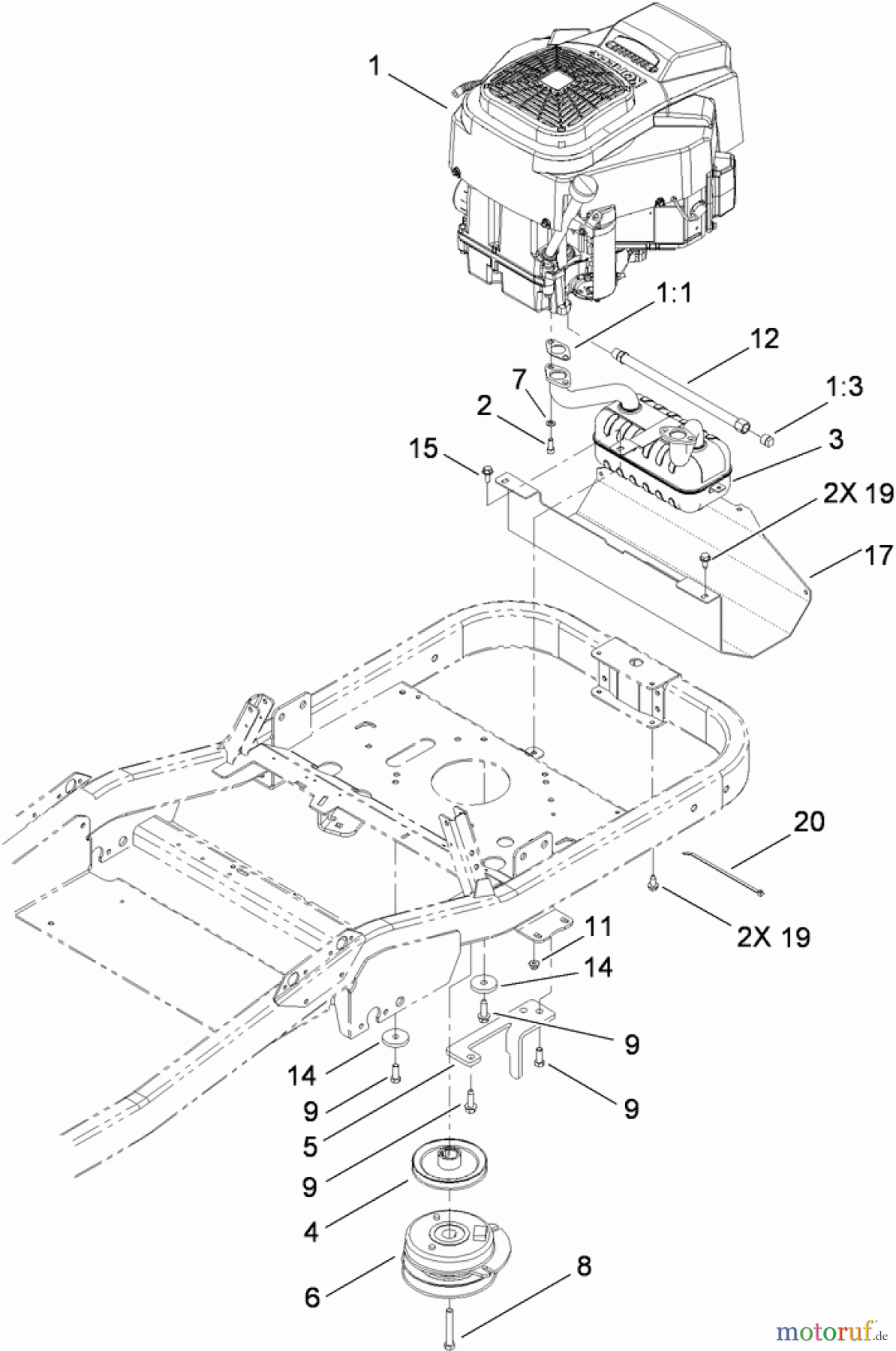  Toro Neu Mowers, Zero-Turn 74833 (ZX6030) - Toro TITAN ZX6030 Zero-Turn-Radius Riding Mower, 2010 (310000001-310999999) ENGINE, MUFFLER AND BLADE ASSEMBLY