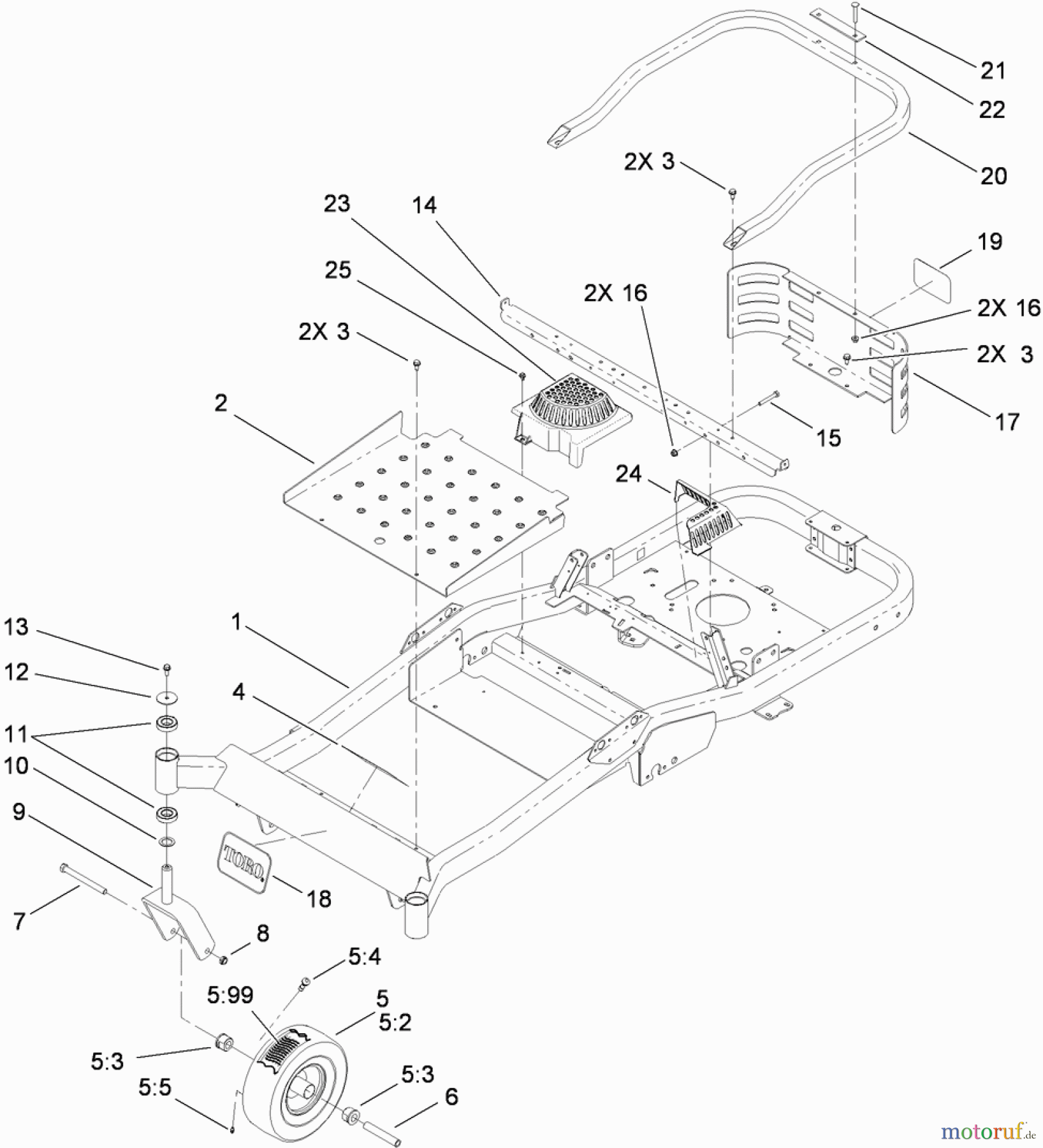  Toro Neu Mowers, Zero-Turn 74912 (ZX4800) - Toro TITAN ZX4800 Zero-Turn-Radius Riding Mower, 2010 (310000001-310999999) MAIN FRAME AND FRONT CASTER WHEEL ASSEMBLY